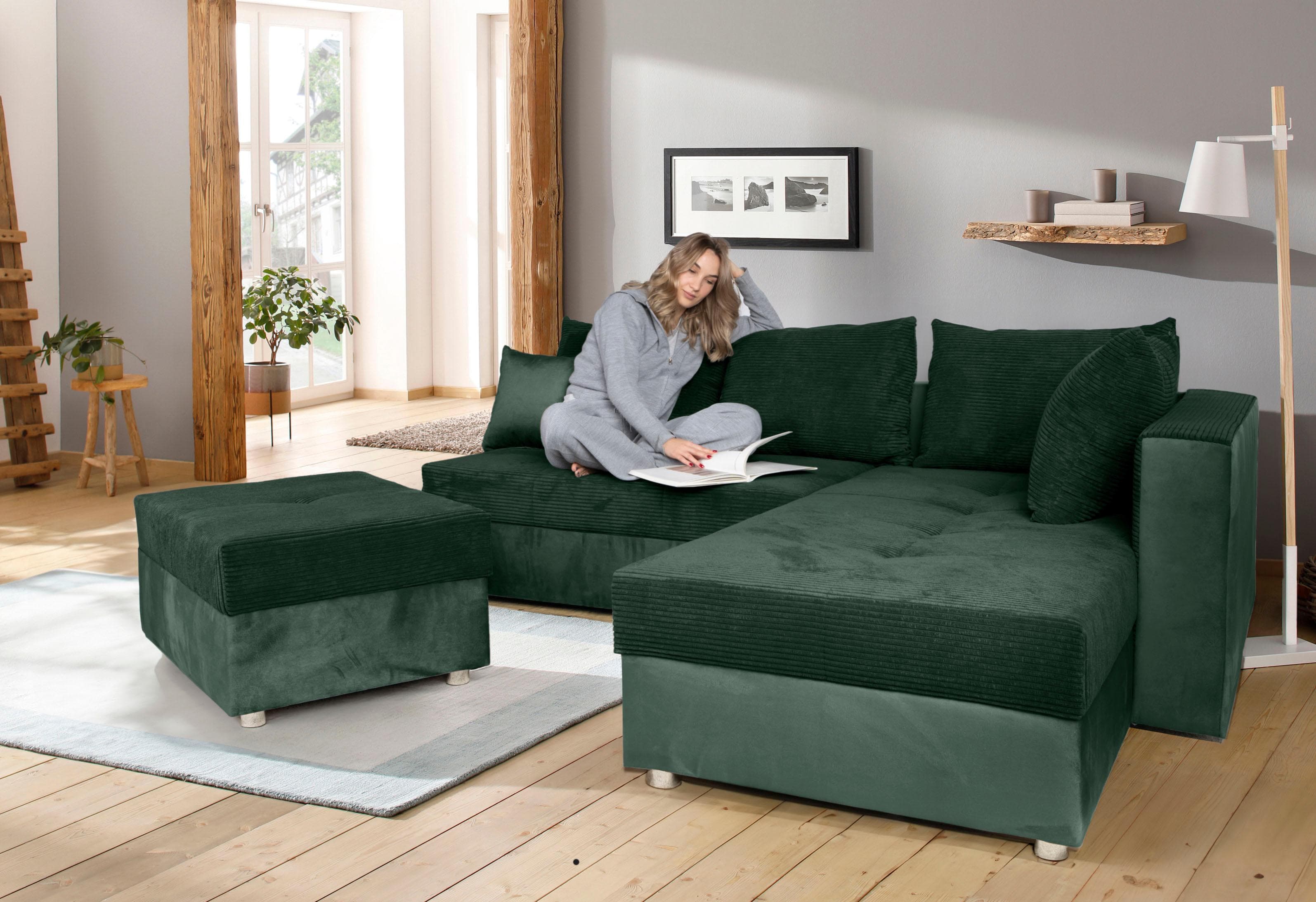 Cord-Samt Ecksofa mit Bettfunktion und Bettkasten