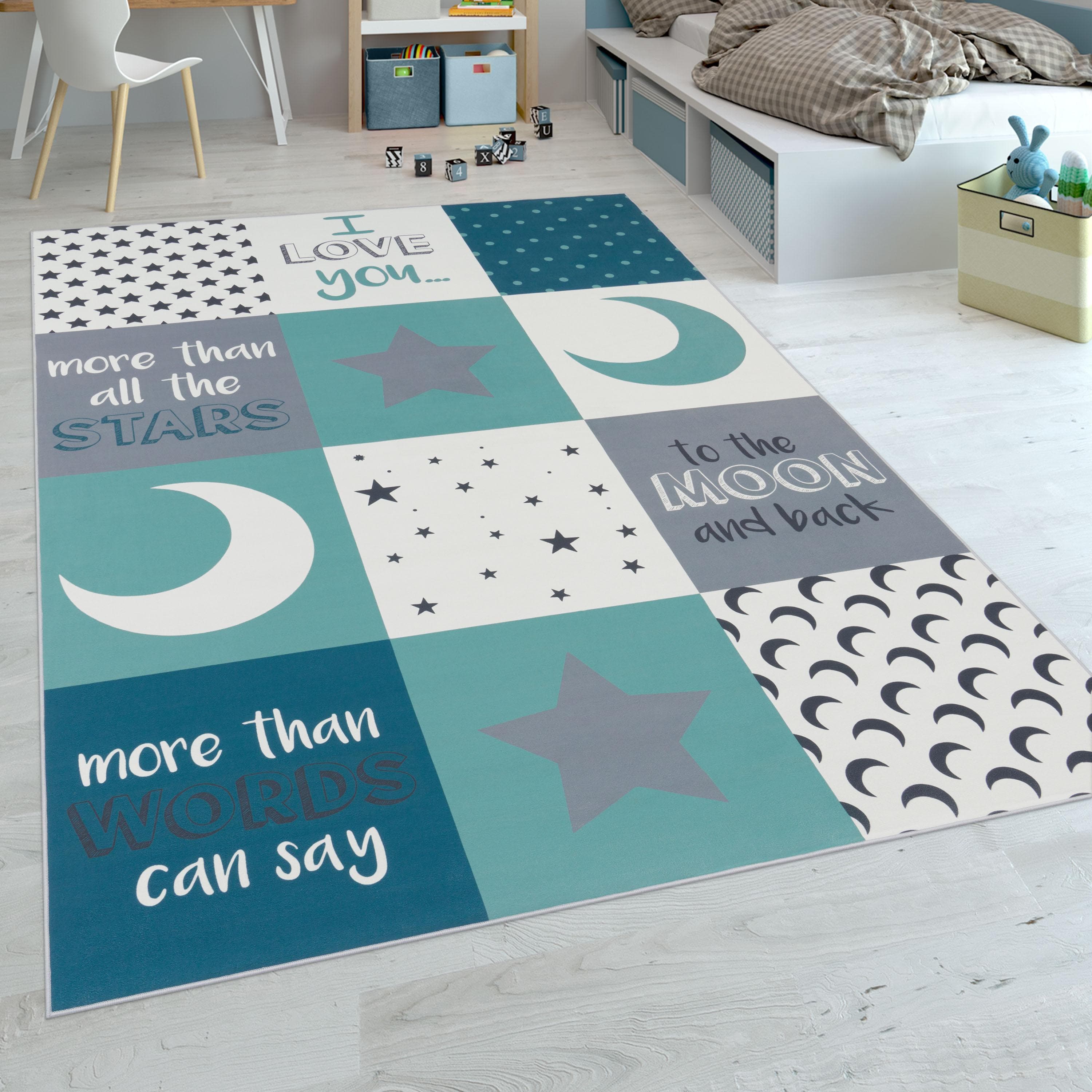 PACO HOME Kinderteppich Aleyna 101 Türkis Motiv Mond Sterne