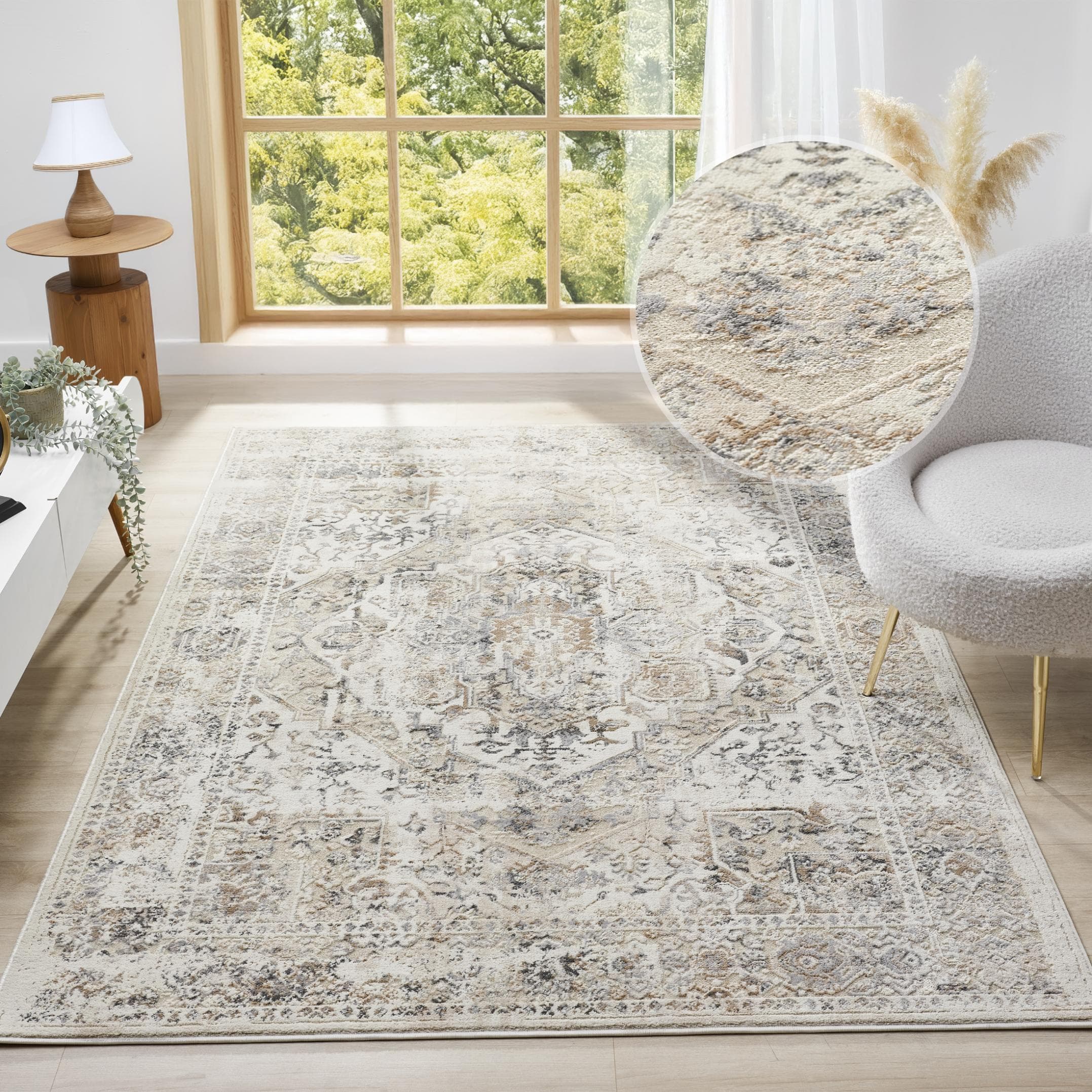 Vintage-Teppich aus Kunstfaser in Beige und Cream