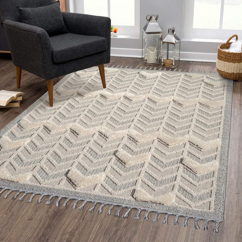 CARPET CITY Teppich Valencia 920 Boho-Stil Grau-Blau Hochflor