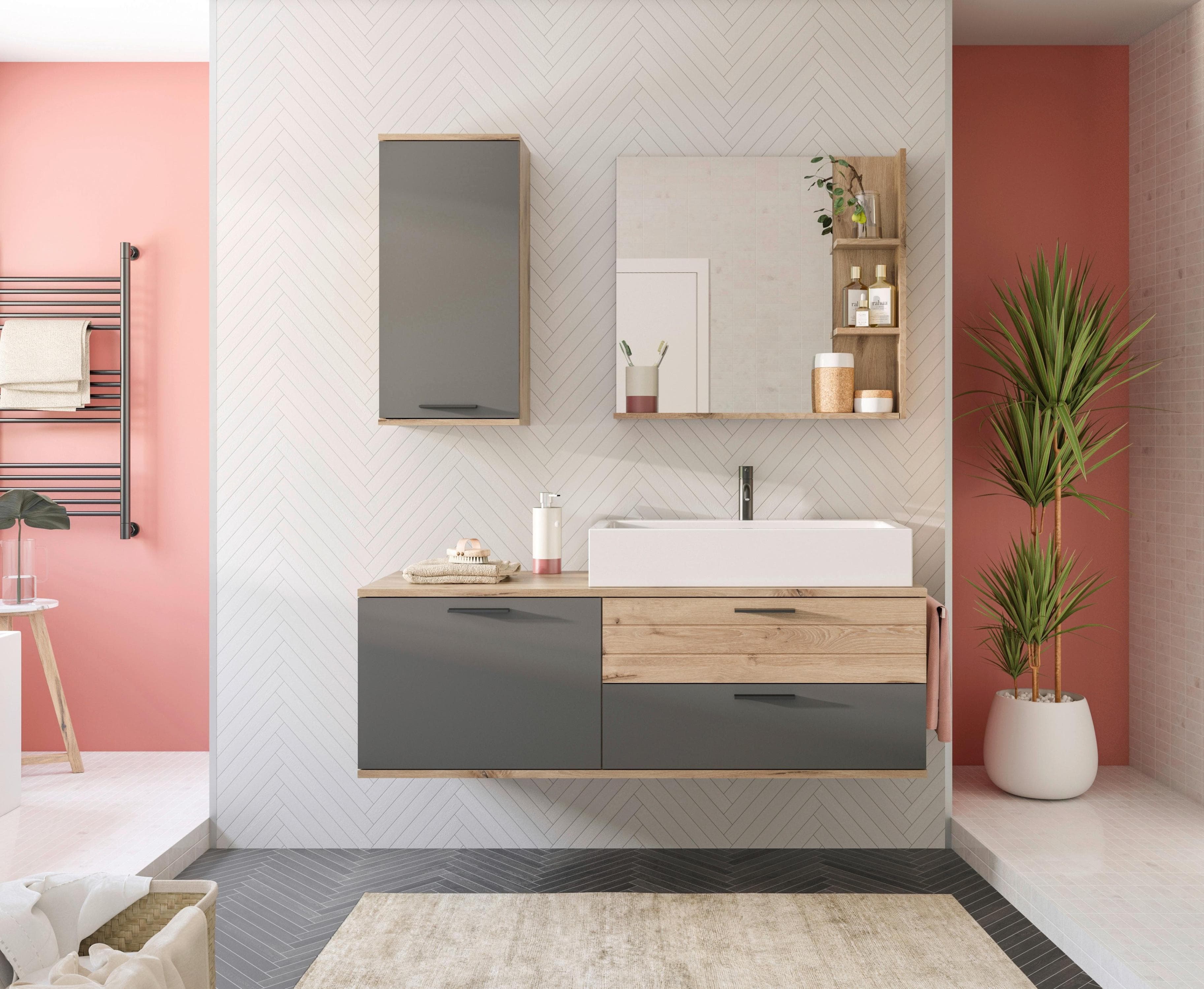 Badezimmer-Set MASON 3-teilig Grau/Eichefarben