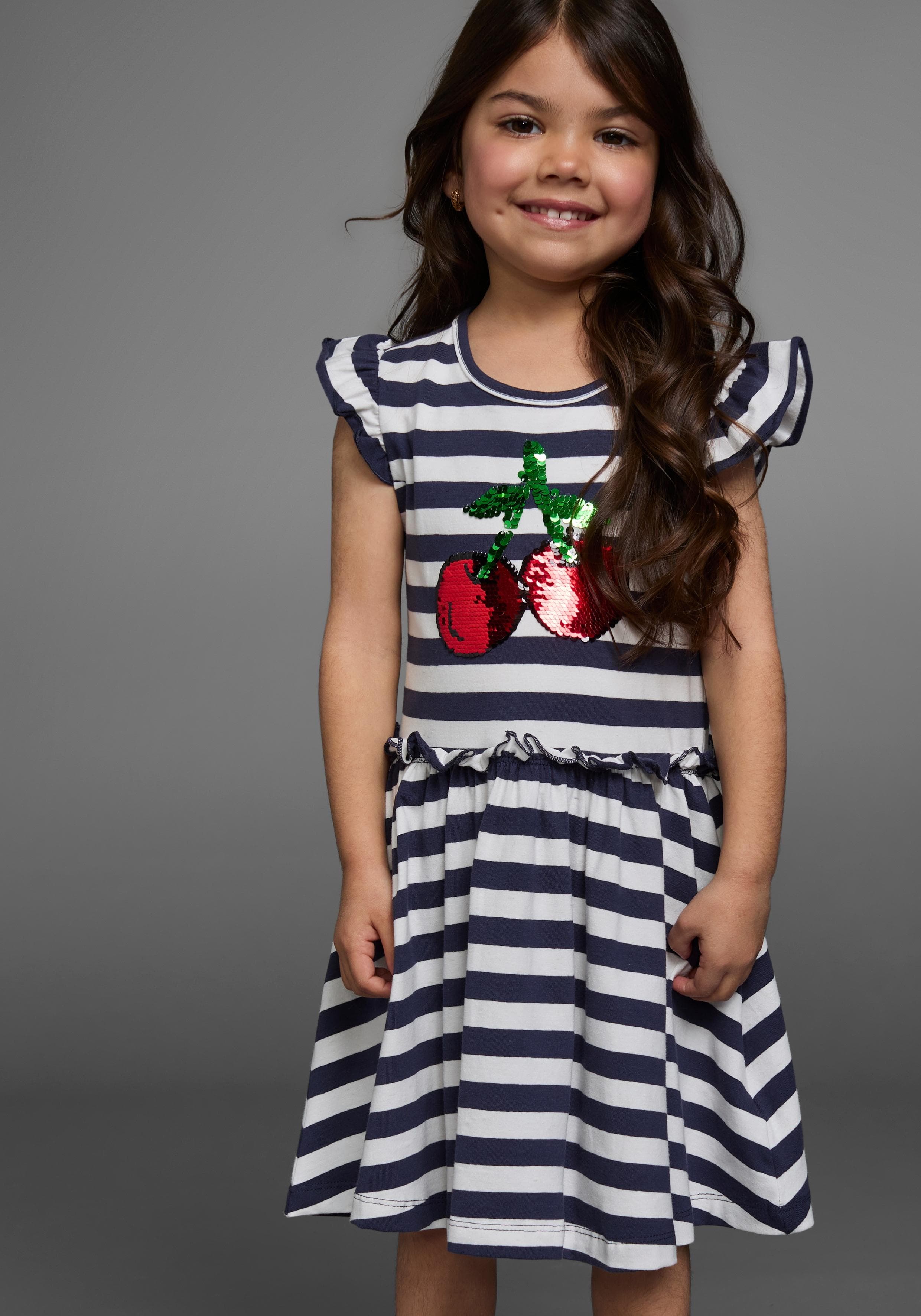 KIDSWORLD Jerseykleid Mädchen marine-weiß geringelt mit Pailletten