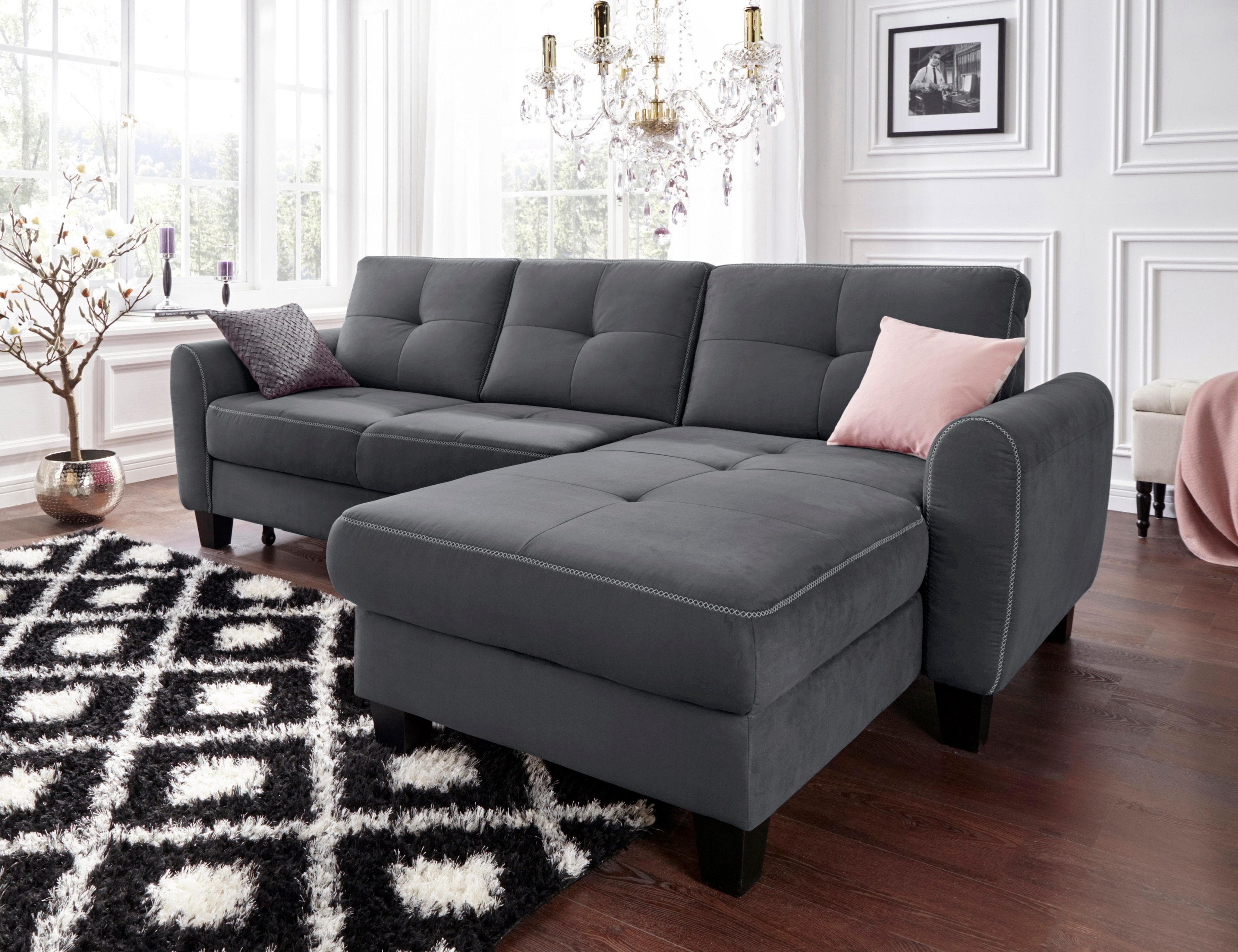 Ecksofa Varese L-Form Dunkelgrau mit Bettfunktion und Recamiere