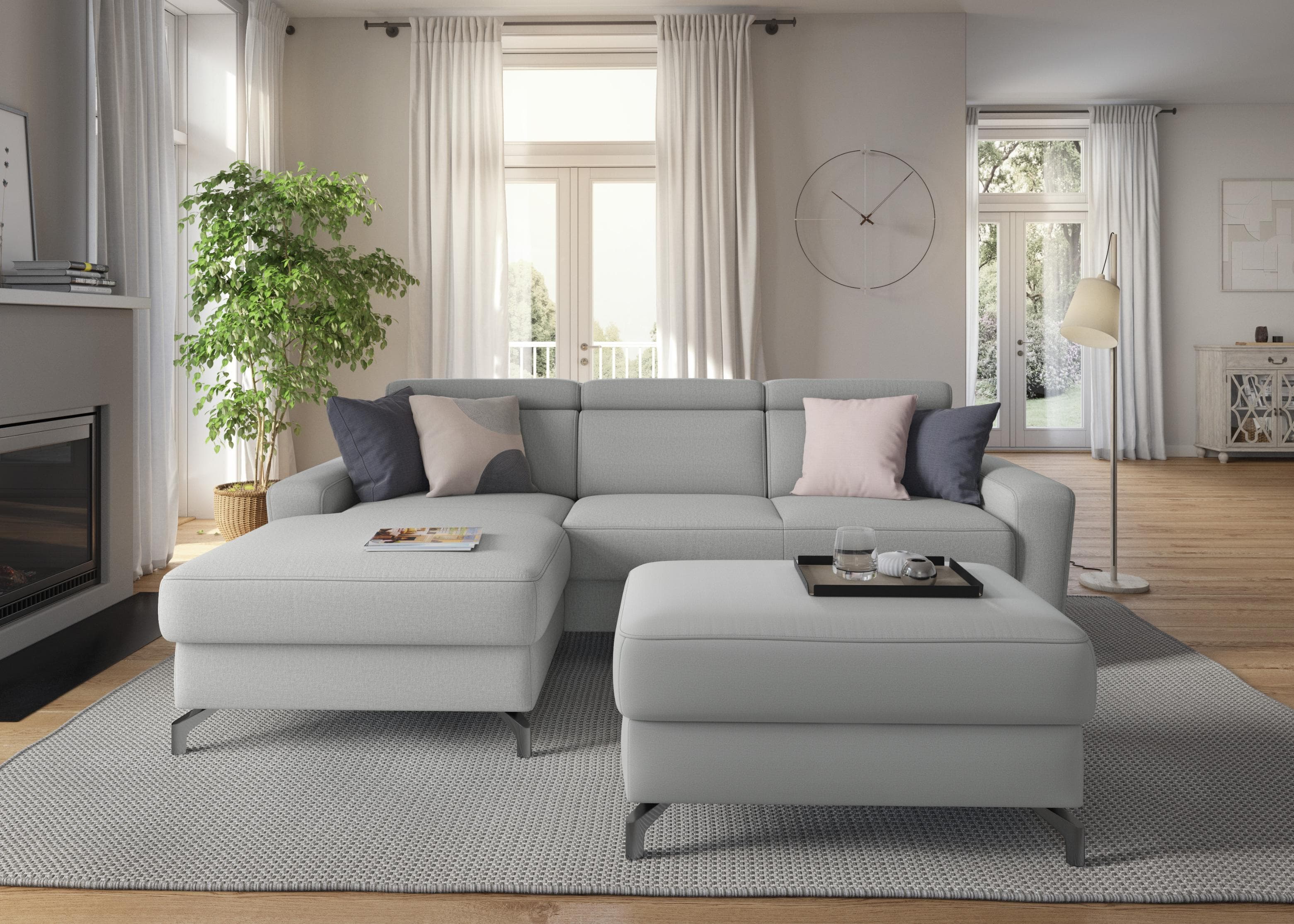 Ecksofa Scarlett L-Form hellgrau mit Kopfteilverstellung und Bettkasten