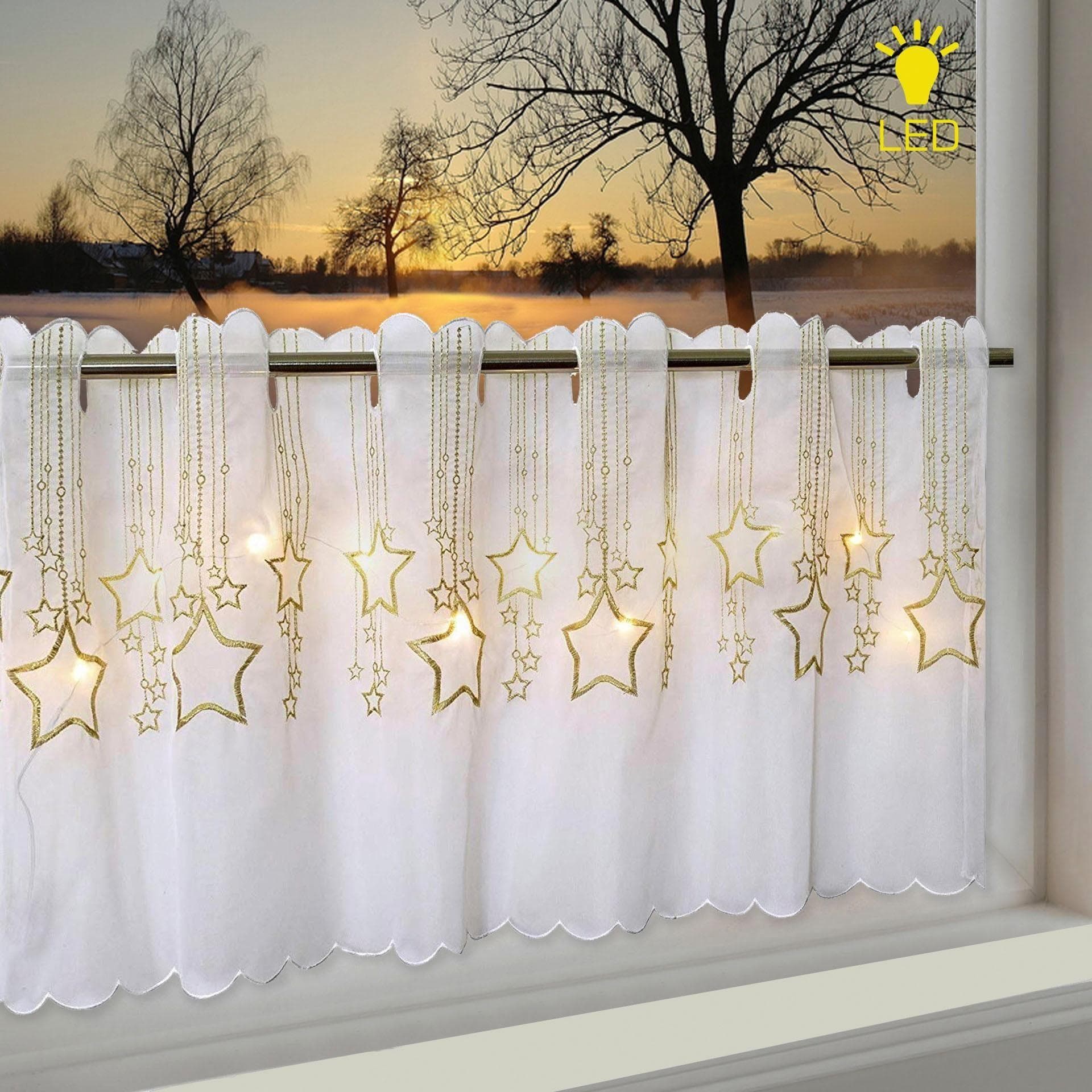 Delindo Lifestyle LED Scheibengardine Sternenregen Weiß/Gold