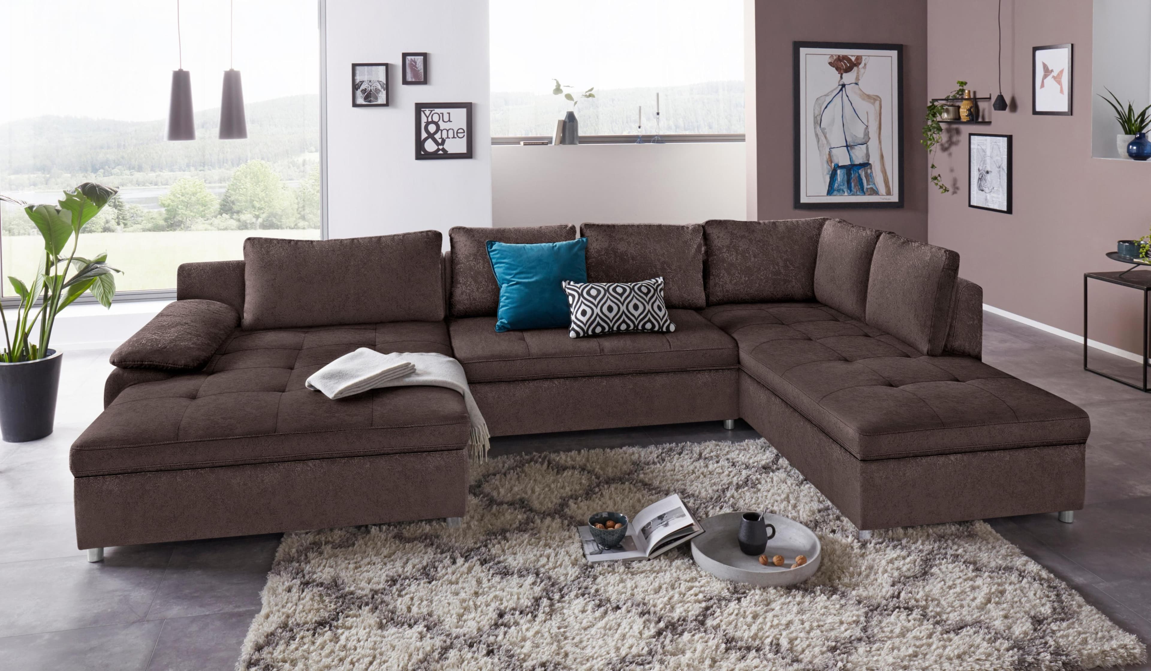 Home Affaire Labene U-Form Wohnlandschaft Braun mit Bettfunktion