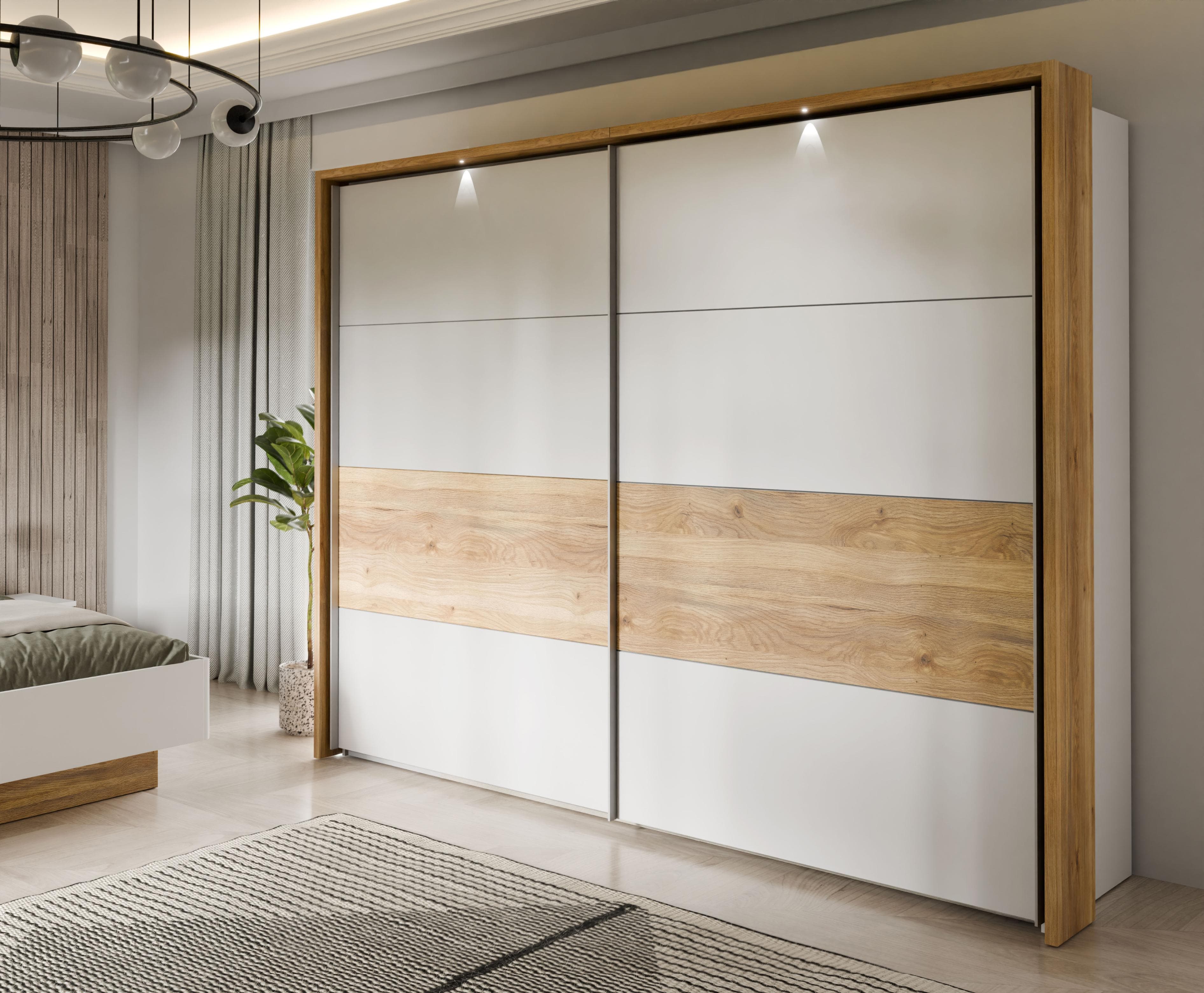 Schiebetürenschrank mit 3 Stangen und Böden | Weißer Eiche-Dekor