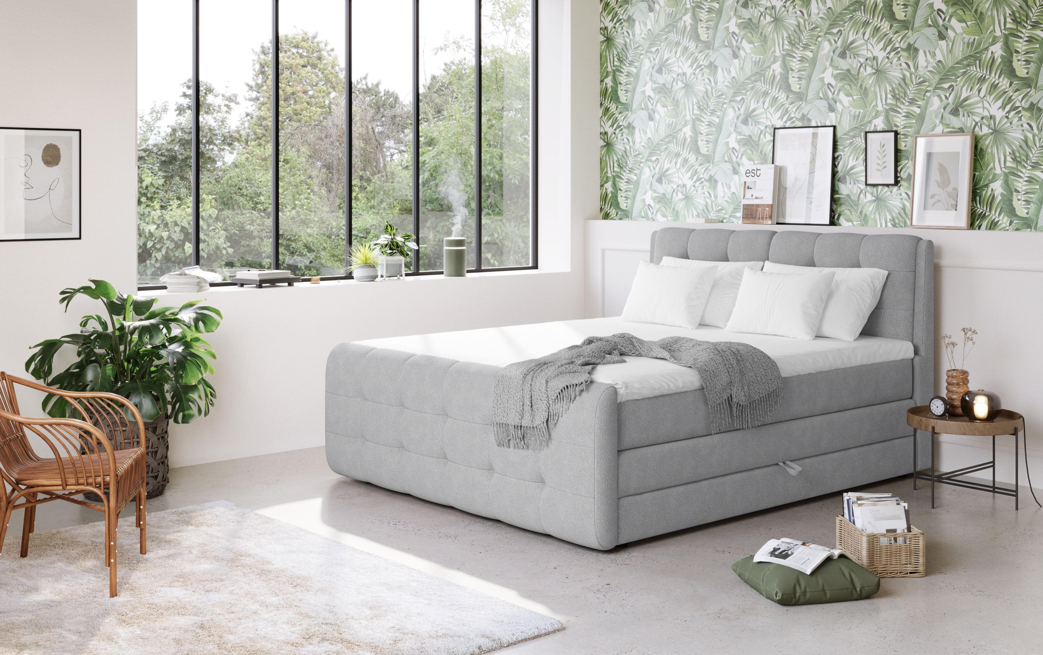 Boxspringbett COTTA Fort mit Bettkasten und Topper hellgrau