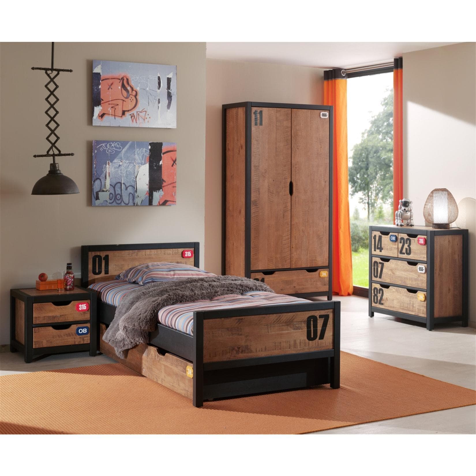 Vipack Set Alex 5-tlg. Einzelbett 90x200 Kiefer Braun mit Schrank