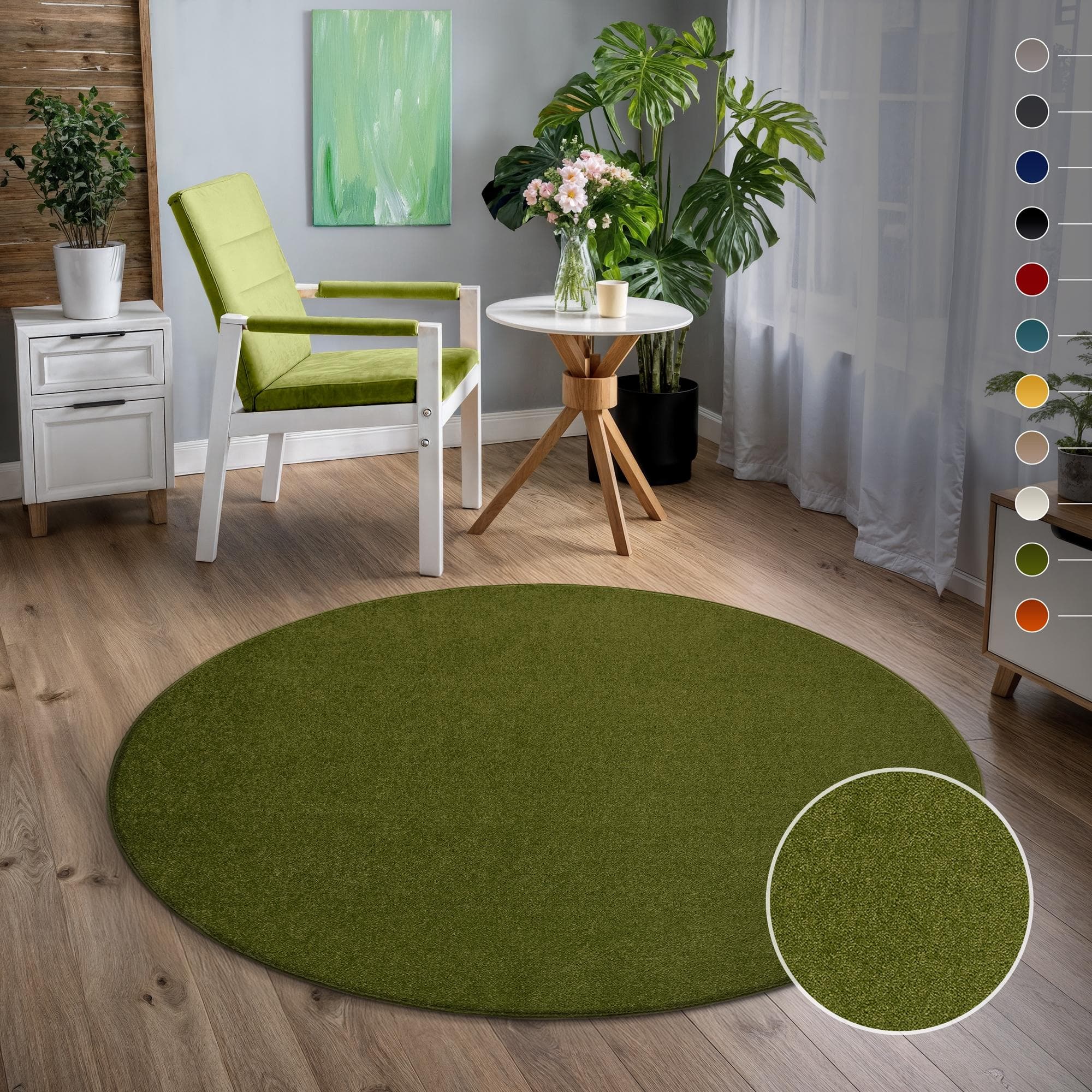 SANAT Teppich Uni Grün Rund 80cm Kunstfaser Kurzflor