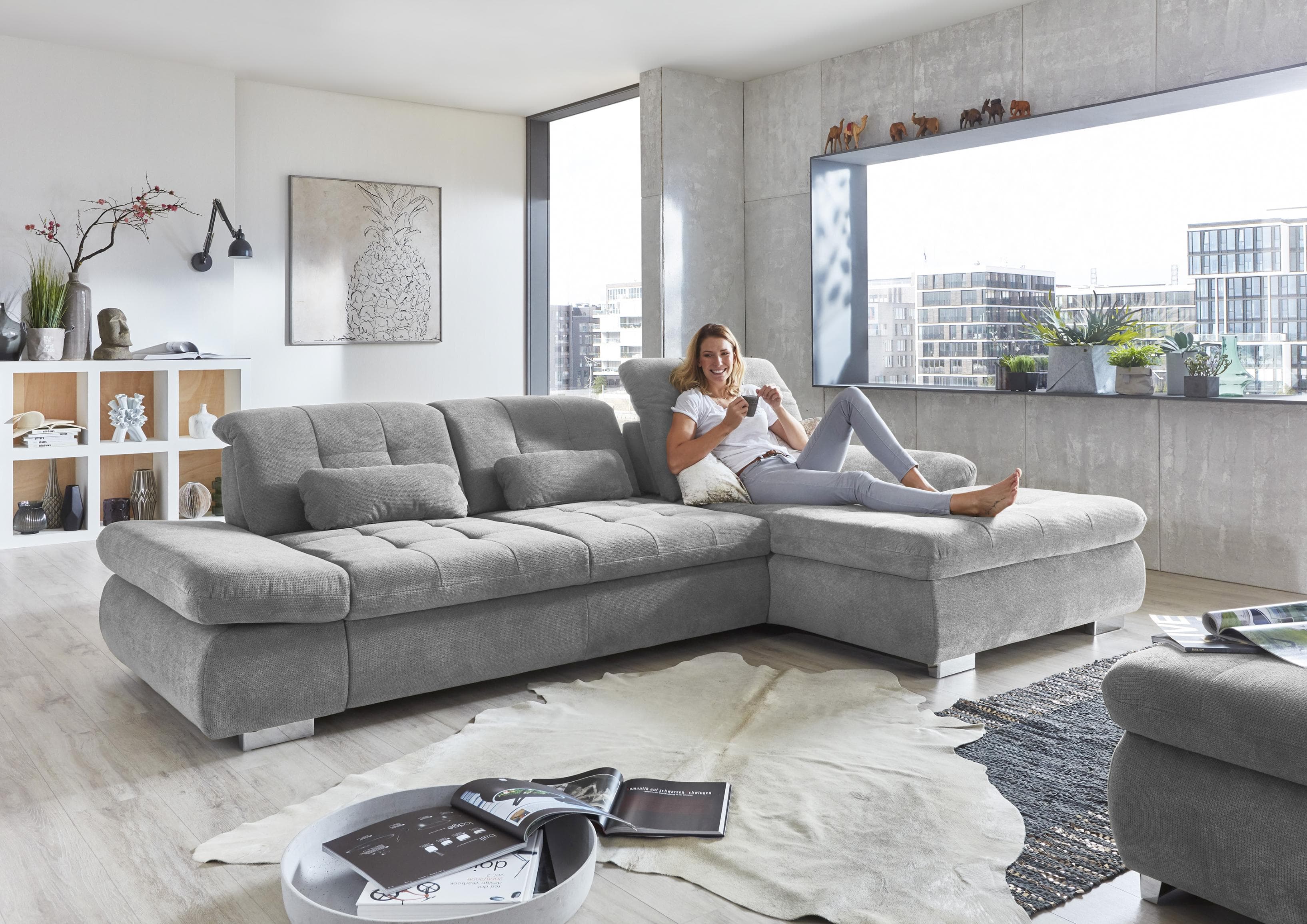 DIE PLANBAR Ecksofa L-Form Silber mit Bettfunktion