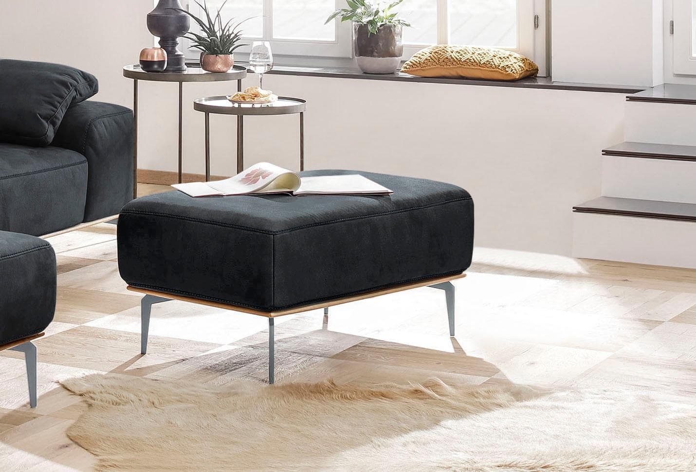 W.SCHILLIG Polsterhocker run Leder Schwarz Silber Matt