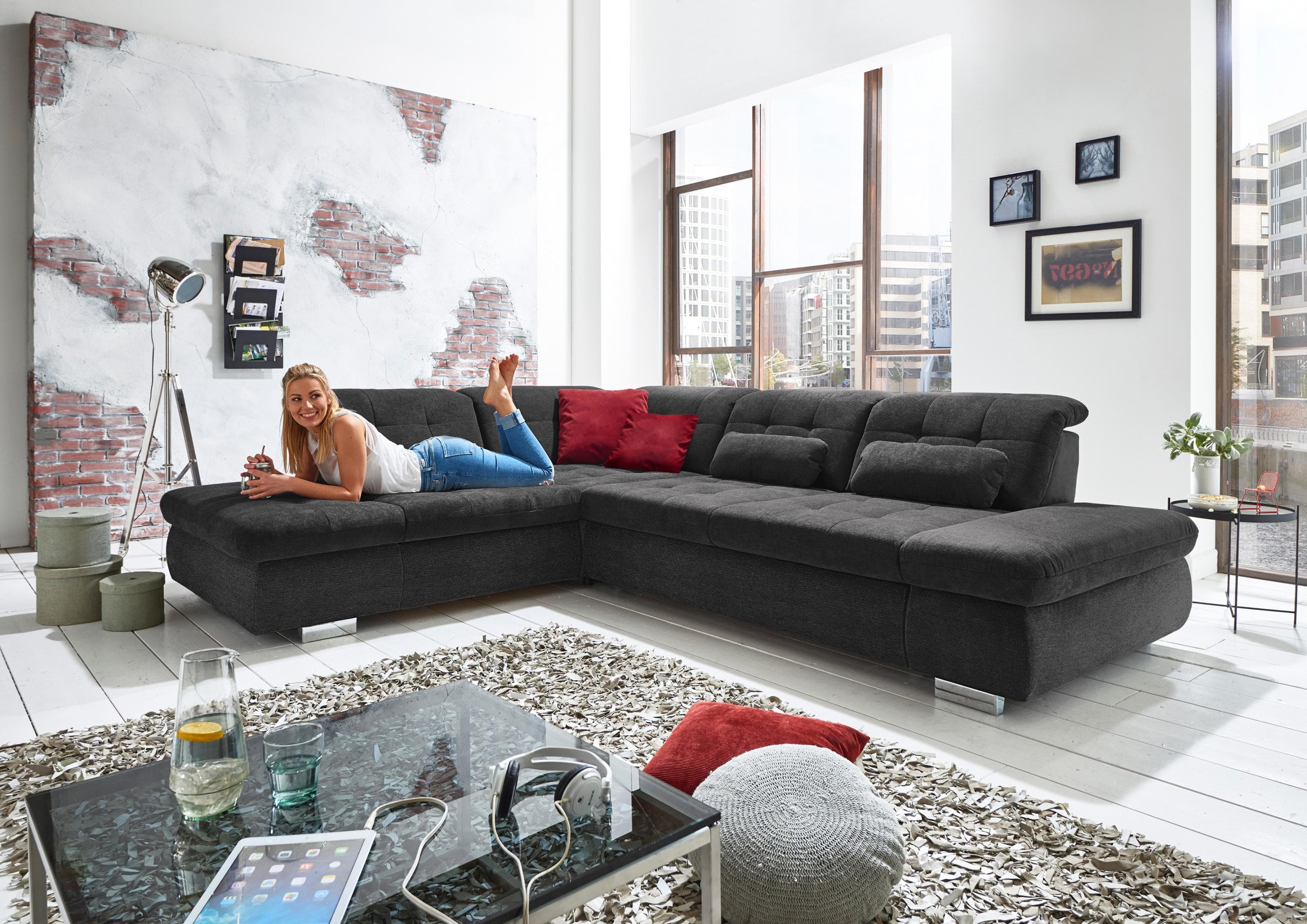 DIE PLANBAR Ecksofa L-Form Schwarz mit Sitztiefenverstellung