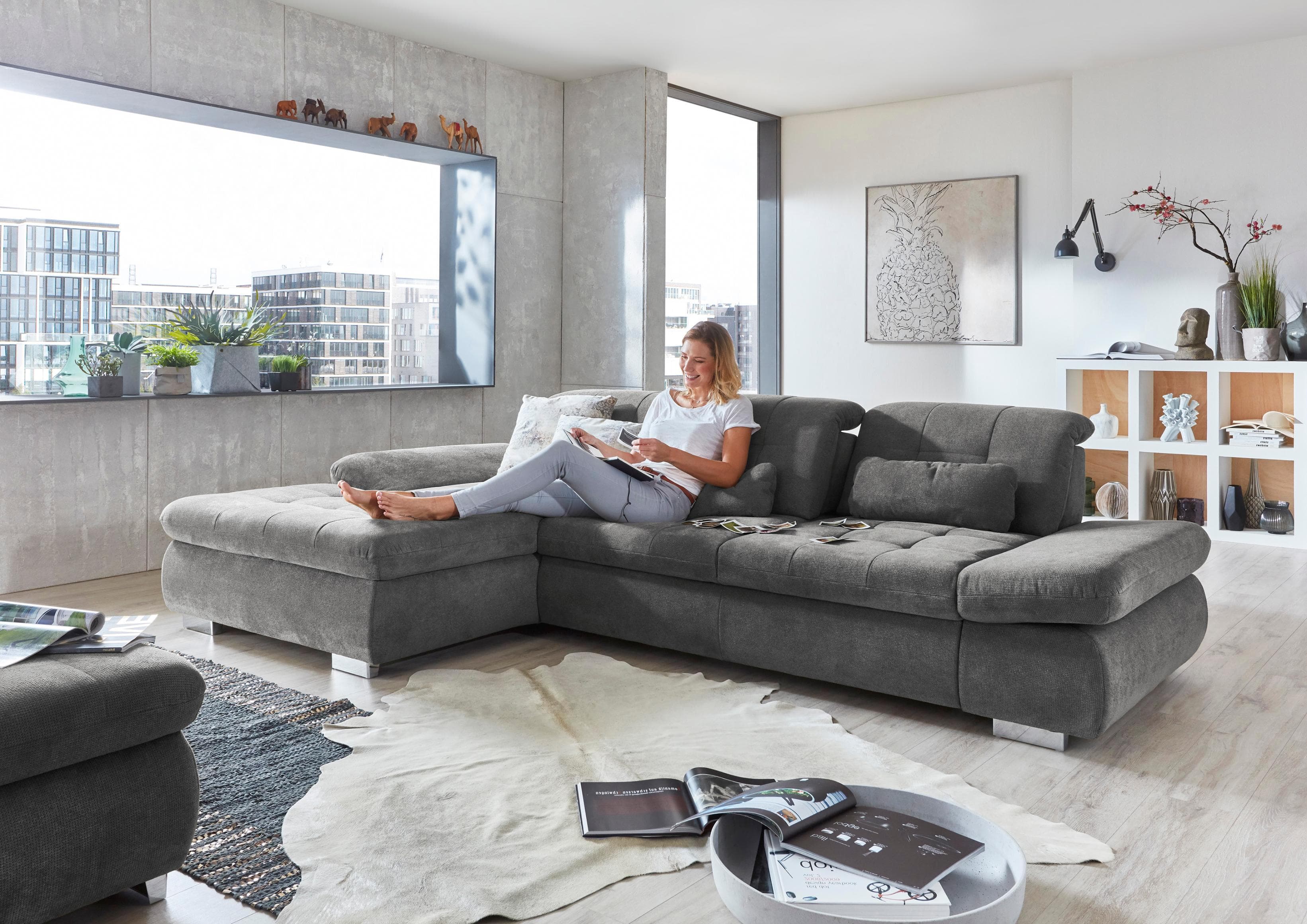 DIE PLANBAR Ecksofa L-Form Grau mit Bettfunktion