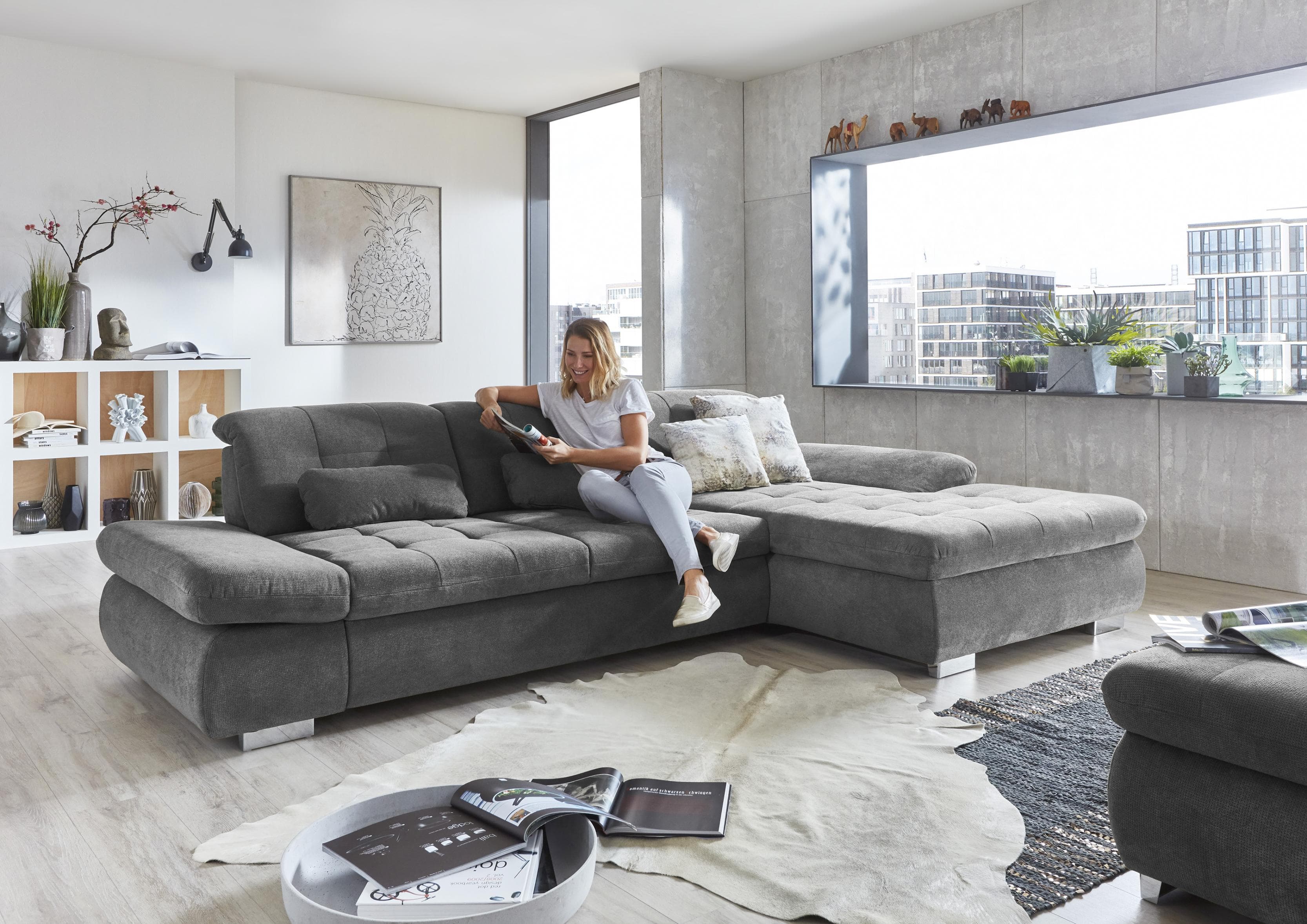 DIE PLANBAR Ecksofa L-Form Grau mit Sitztiefenverstellung