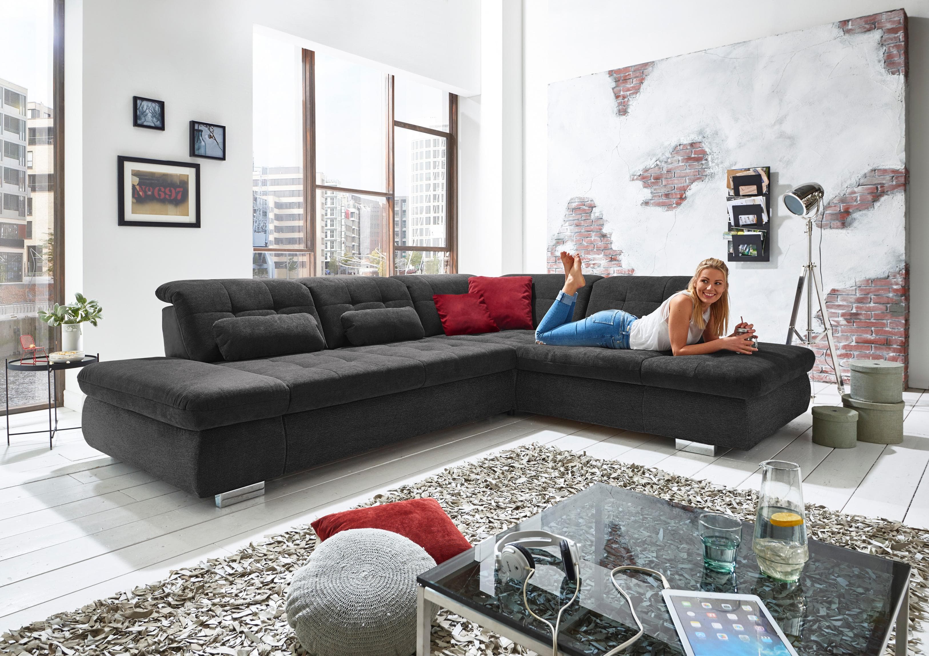 Ecksofa DIE PLANBAR Schwarz mit Bettfunktion und Sitztiefenverstellung