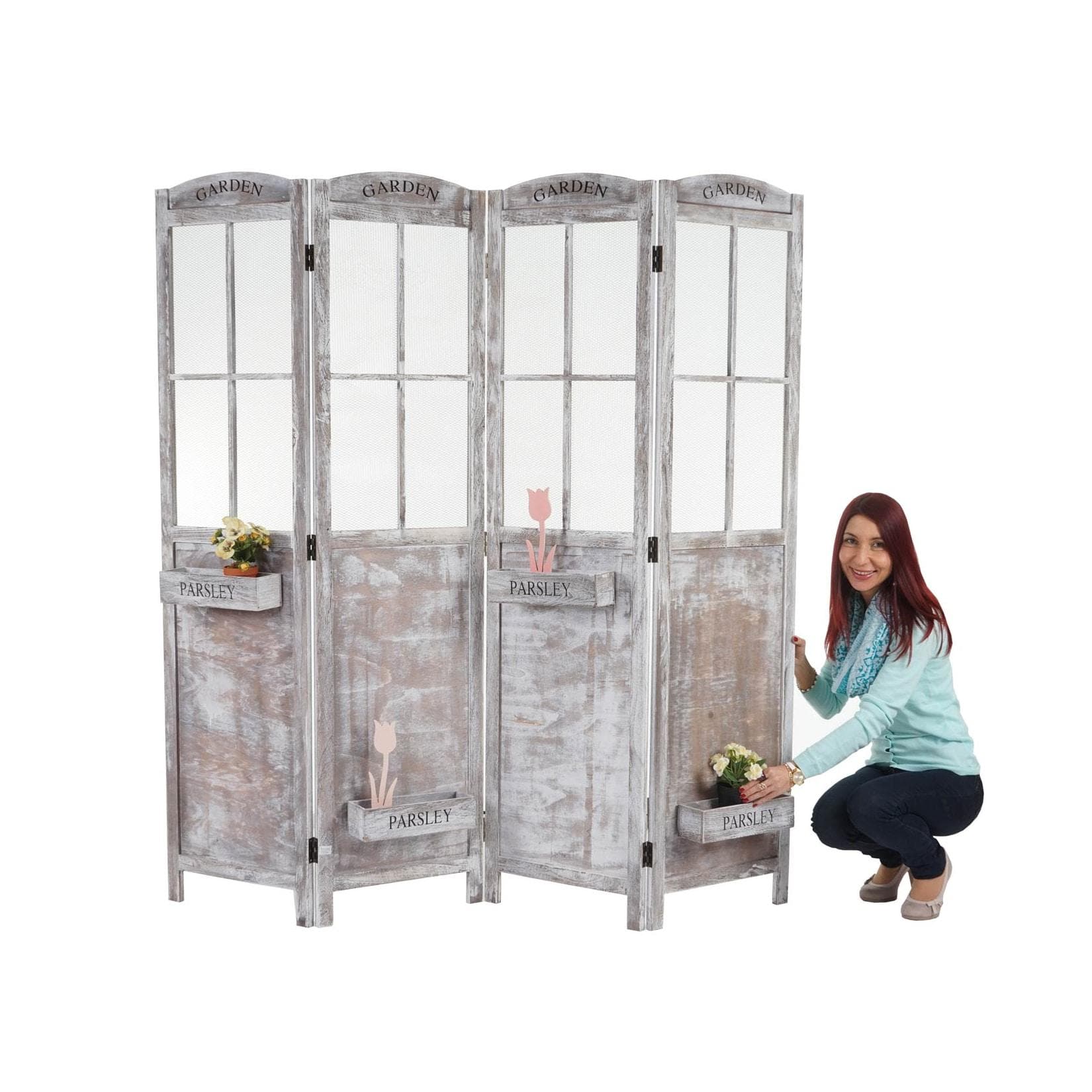 Paravent MCW-M66 Raumteiler Sichtschutz Pflanzkörbe 4 Paneele Shabby-Look