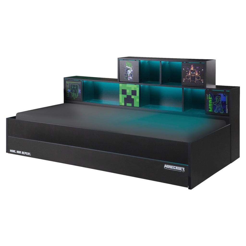 Minecraft Stauraumbett Anthrazit mit Beleuchtung und Bettkasten