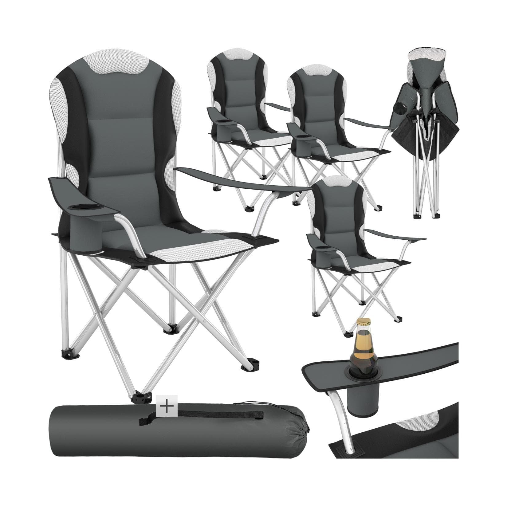 tectake Campingstuhl 4er Set Grau Gepolstert mit Getränkehalter