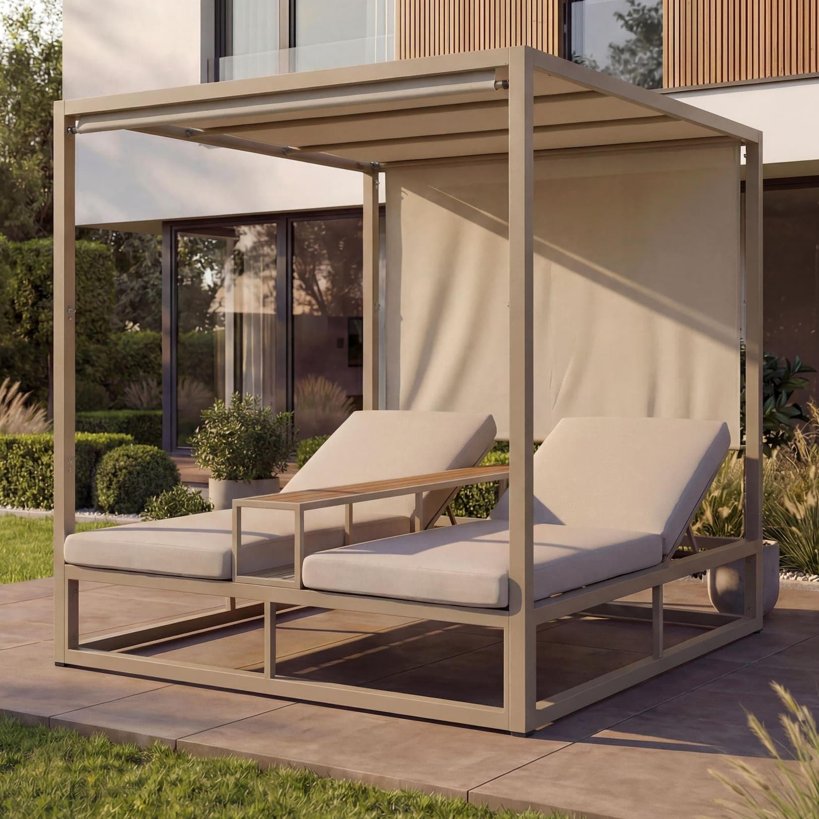 Alu Lounge-Gartenliege MCW-P81 Sonnenliege Daybed 10cm Polster 220g/m² 196x165x196cm beige