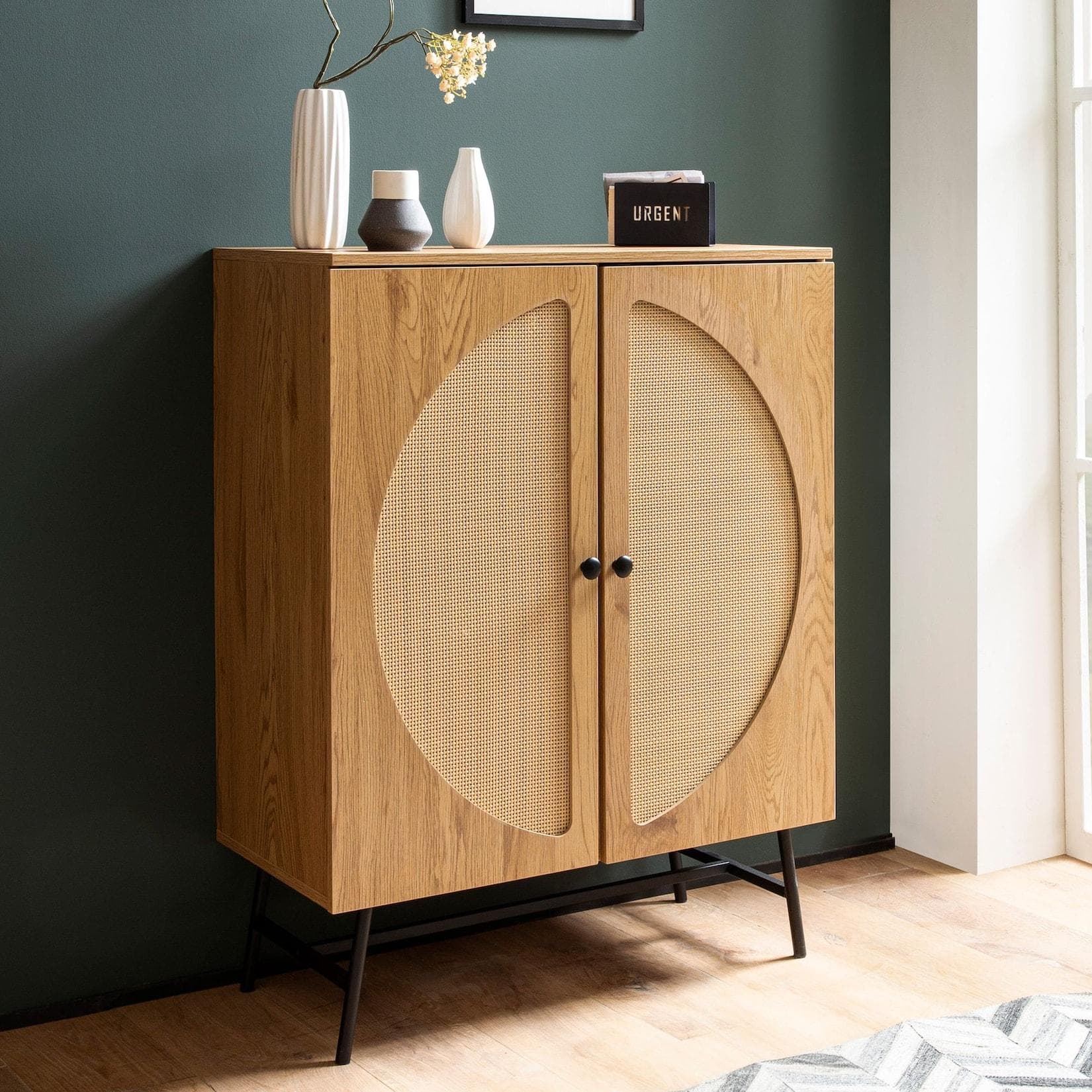 Kommode in Eiche Dekor 80 cm Sideboard mit 2 Türen aus Wiener Rattan Geflecht Design Highboard FineBuy