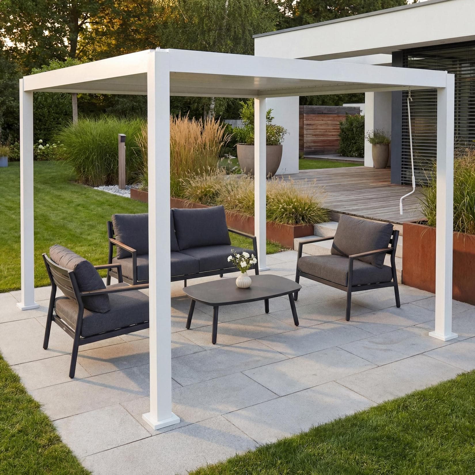 Pergola MCW-P65 Terrassenüberdachung Gartenpavillon Lamellen-Pavillon 10cm-Aluminium-Gestell 3x3m Weiß