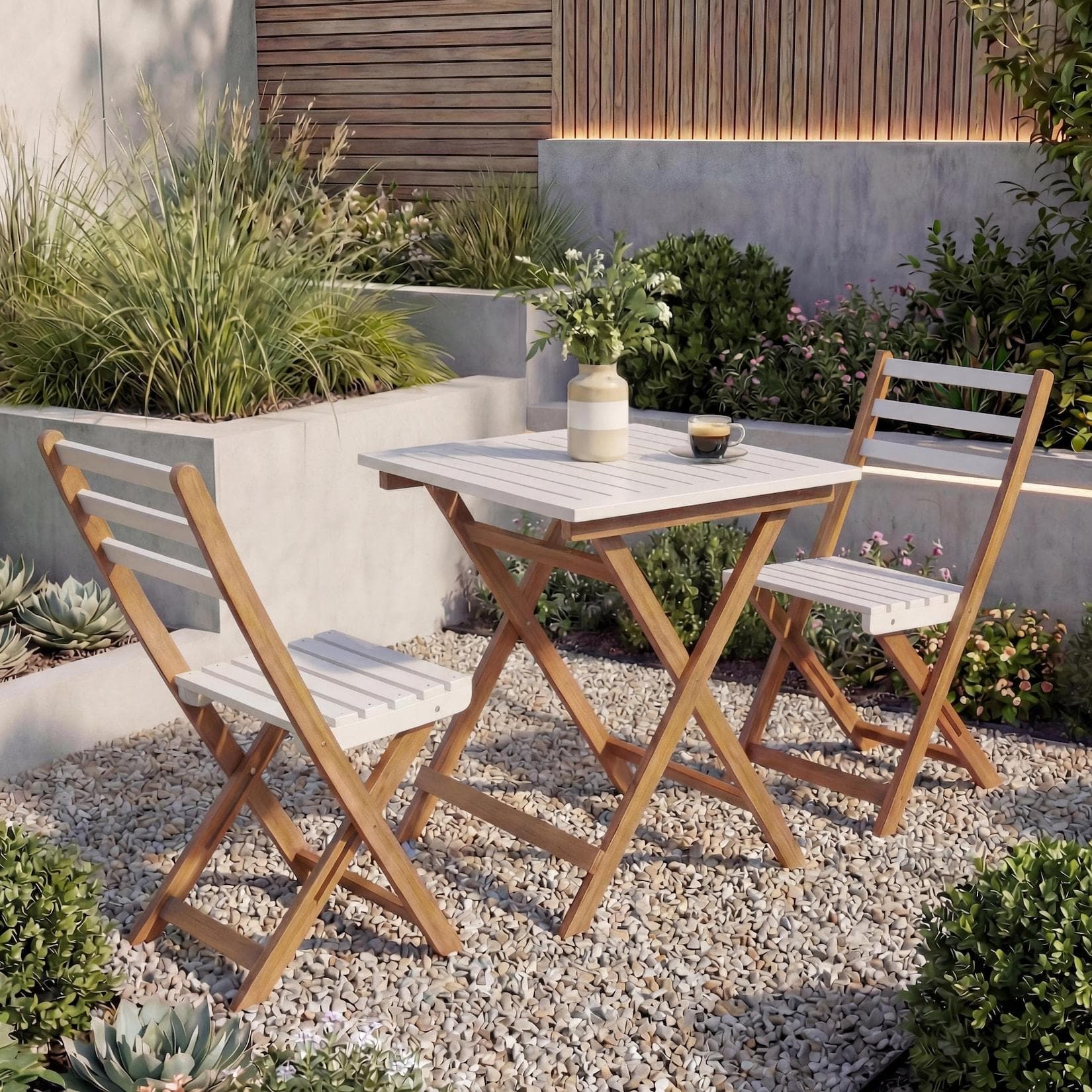 Garnitur MCW-P71, Sitzgruppe Lounge-Set Garten 2x Stuhl Tisch, Akazie Holz klappbar Natur-Weiß