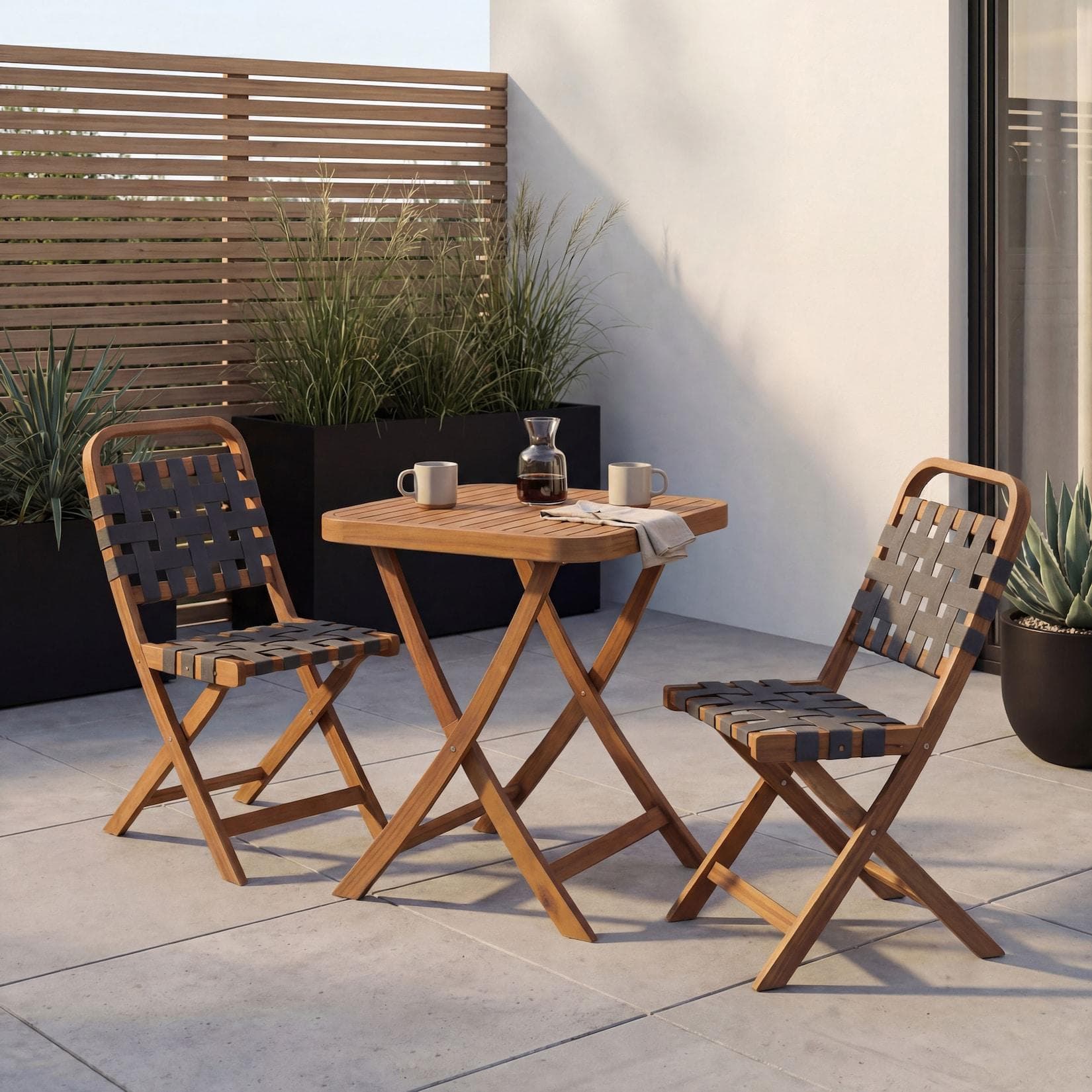Garten-Set MCW-P70 Sitzgruppe Balkon-Set Garnitur 2x Stuhl Tisch Seilgeflecht Akazie Holz klappbar