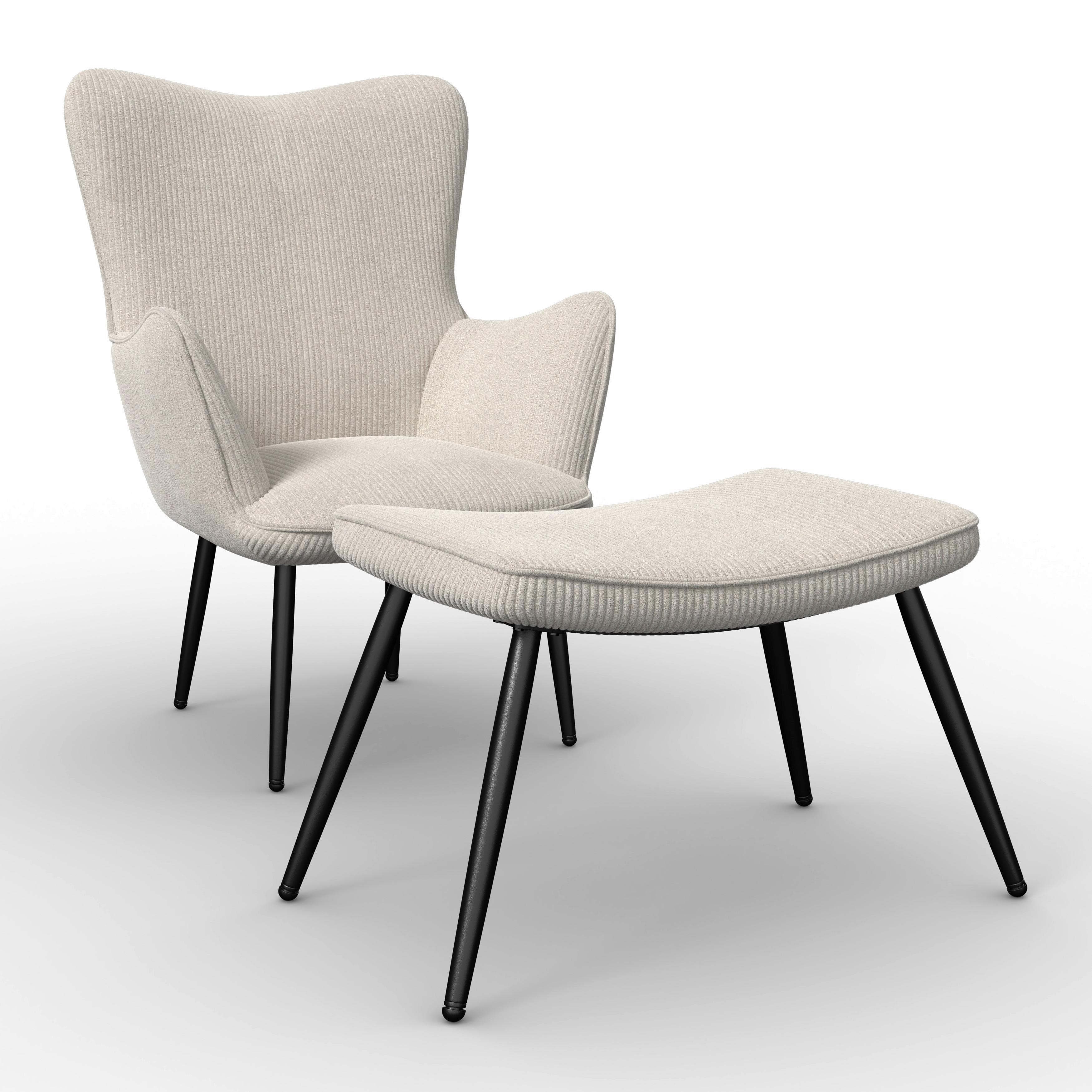 Sessel Aurora mit Hocker in Cord Creme