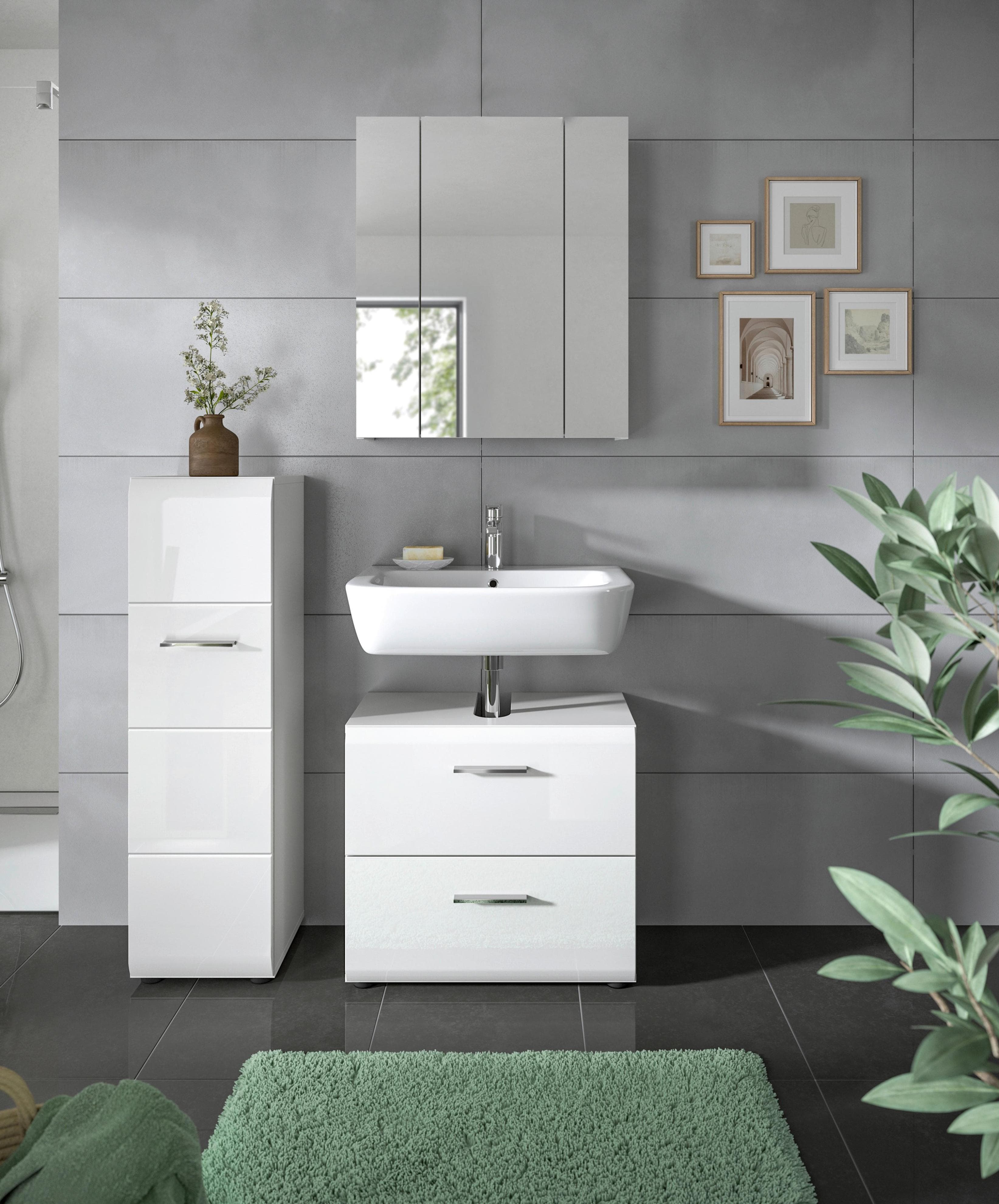 Badezimmer-Waschtischunterschrank Ice 3-tlg. Weiß mit Spiegel