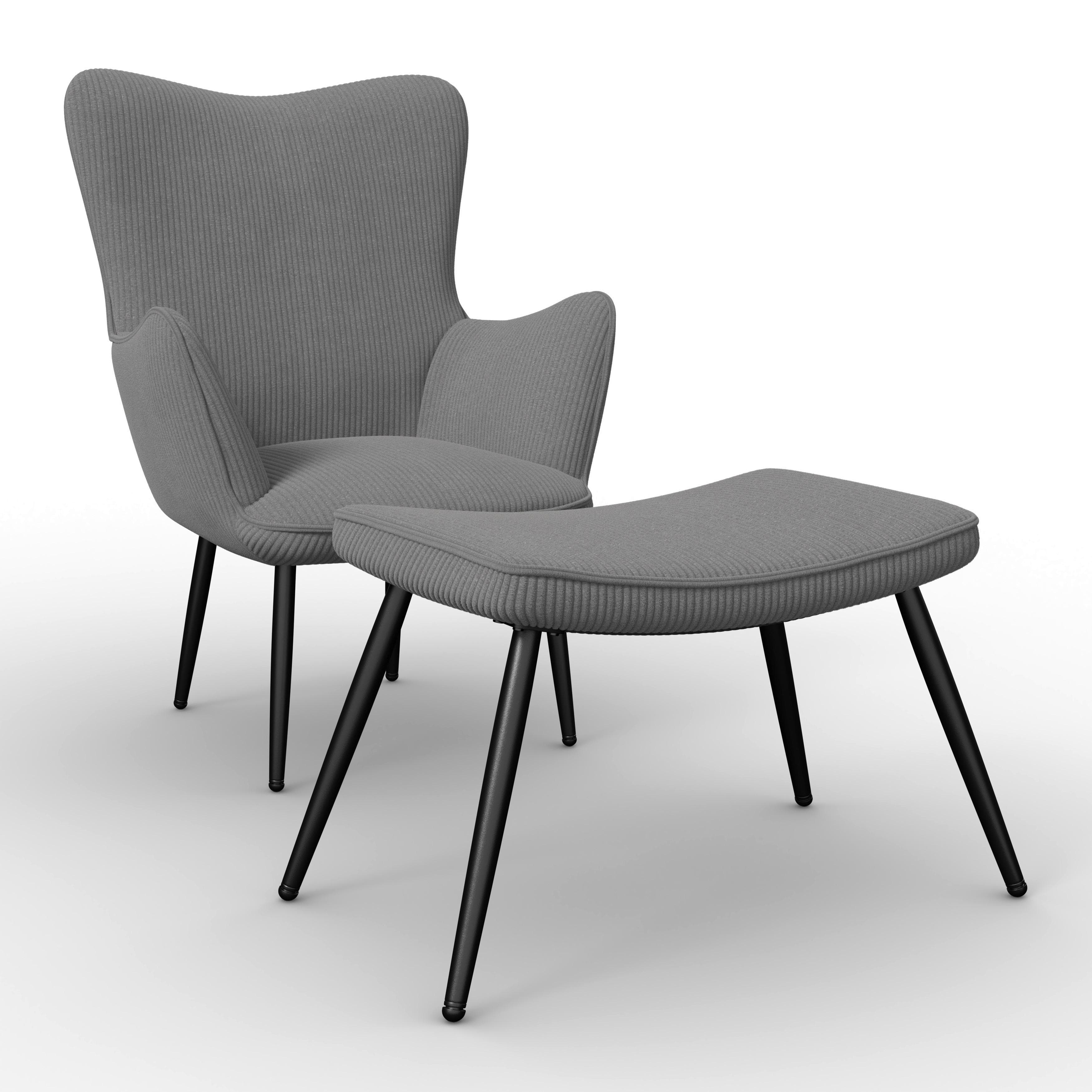 Aurora Sessel mit Hocker Grau Cord Bezug