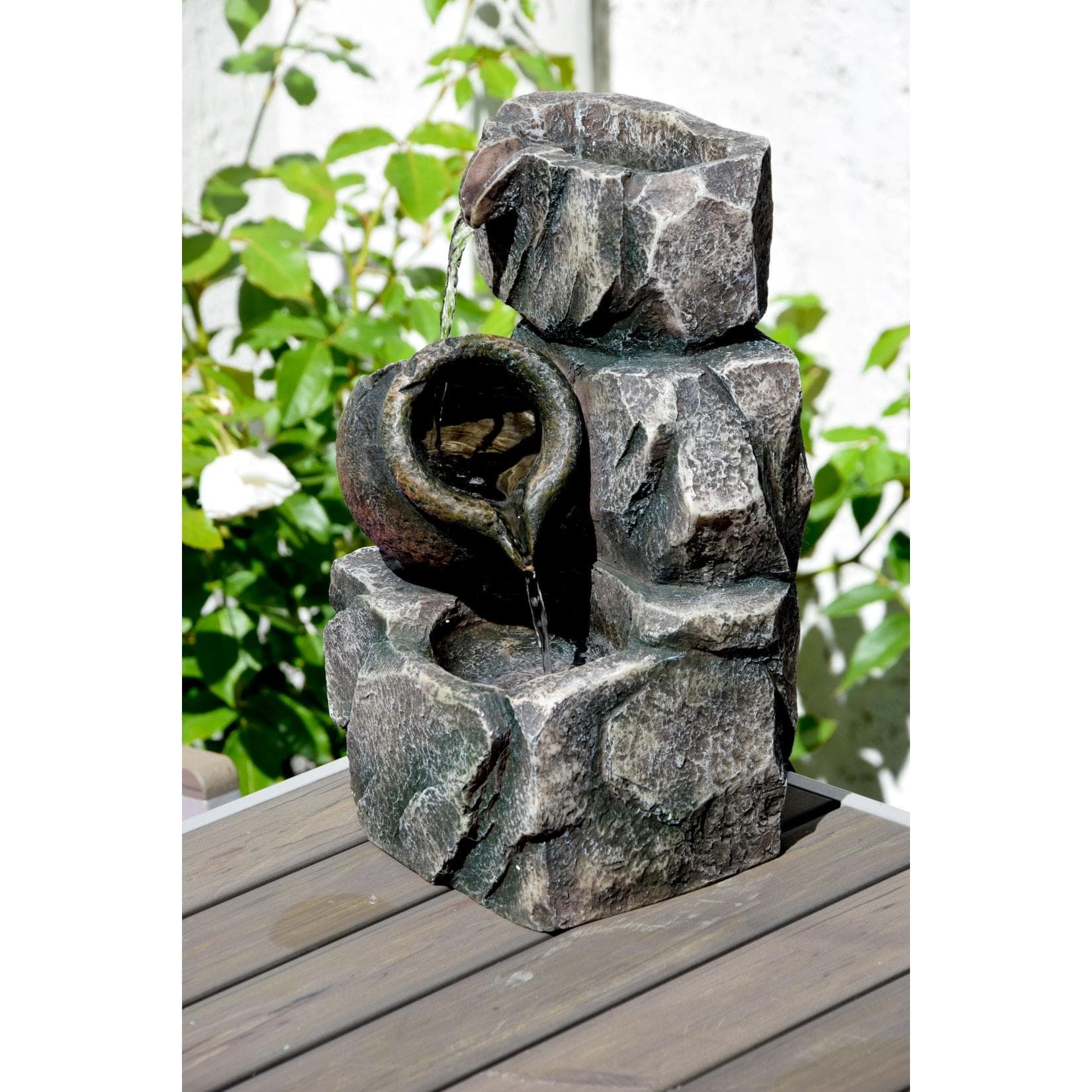 Dobar Design-Gartenbrunnen mit Amphore - Natürliche Felsen-Optik Grau