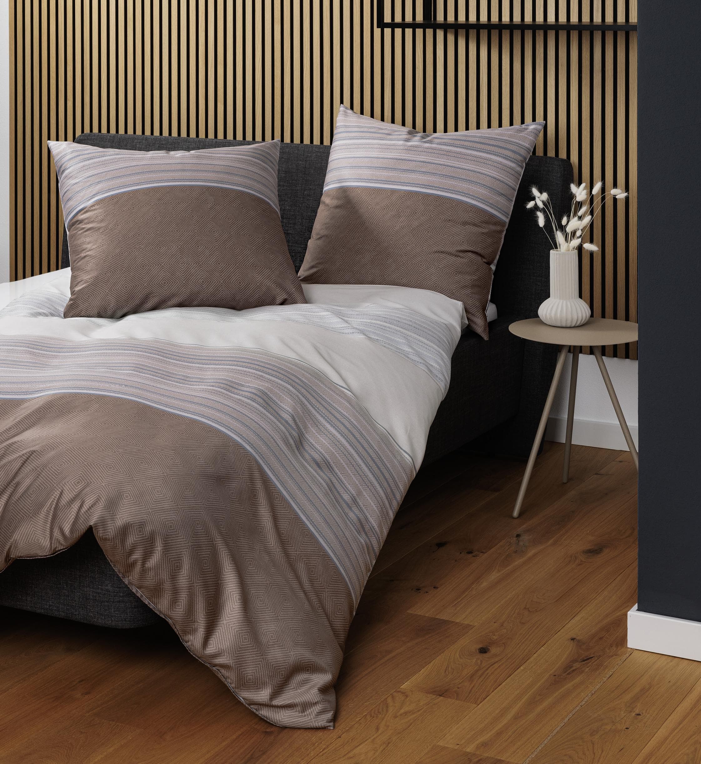 Bettwäsche JANINE Moments Mako-Satin beige grau gestreift