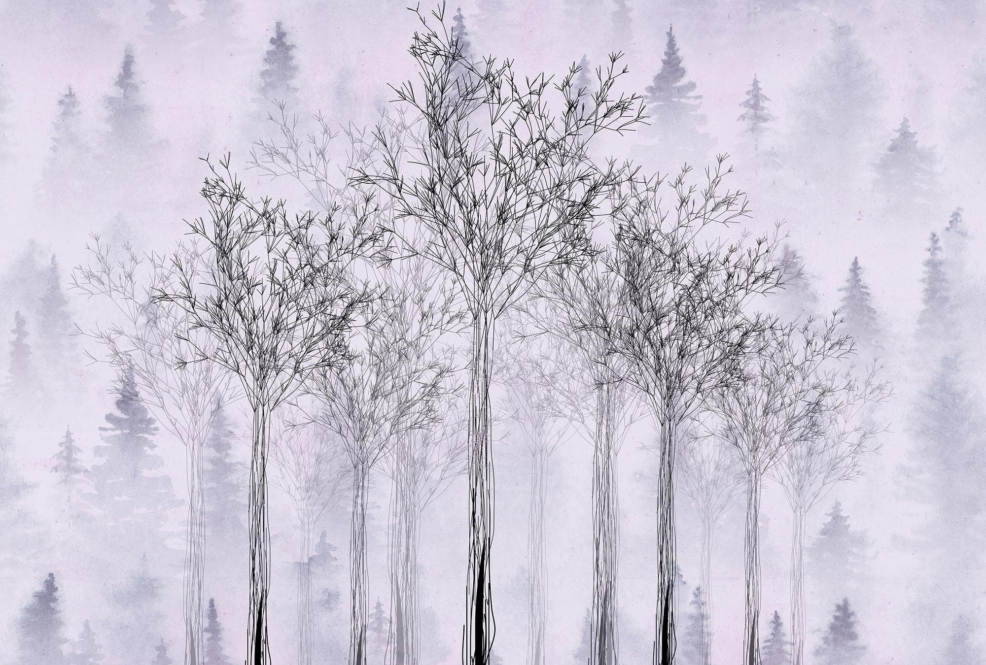 Fototapete ARCHITECTS PAPER Atelier 47 Trees Artwork 2 Lila Schwarz Waldmotiv