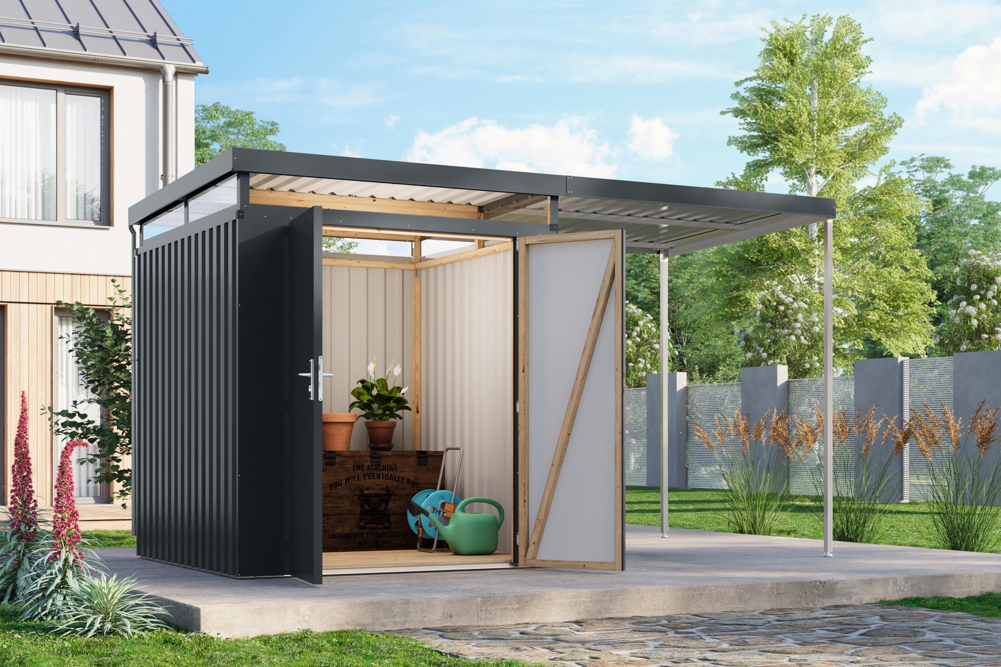 Gerätehaus Titanium 2 SET mit Anbaudach anthrazit Karibu