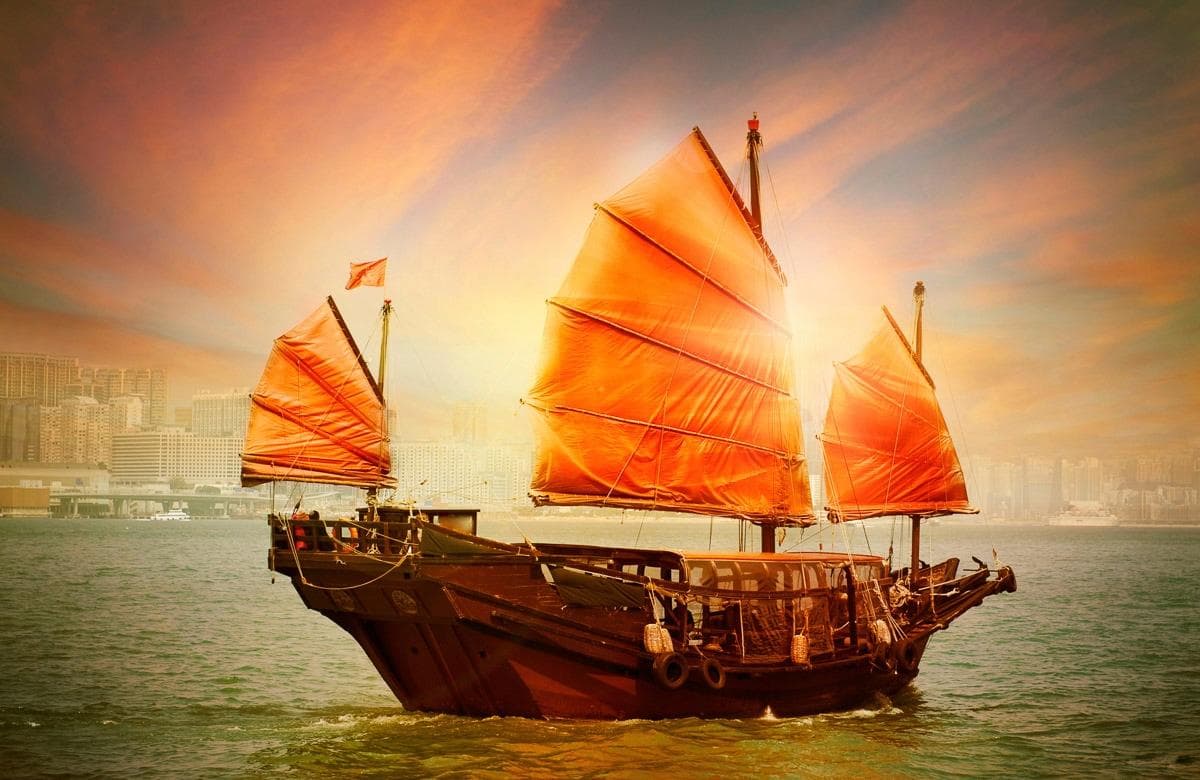 Fototapete PAPERMOON DSCHUNKE-SEGEL SCHIFF CHINA MEER KÜSTE SONNE HONG KONG