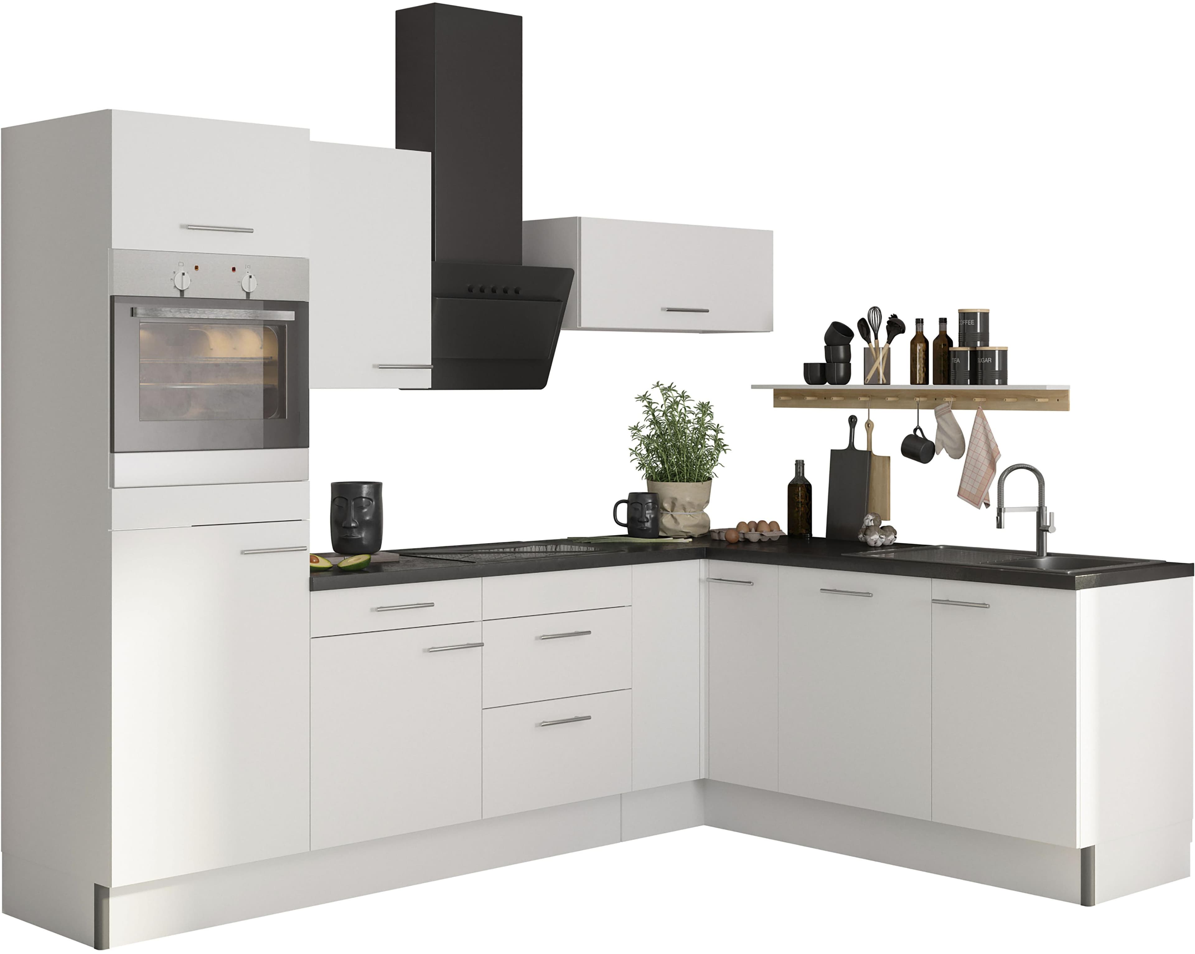 Küche OPTIFIT Klara Weiß Winkelküche Black Stone Arbeitsplatte