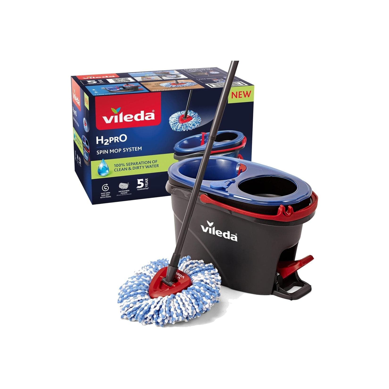 Vileda H2PrO Spin Mop Set Bodenwischer Schwarz/Rot Zweitanksystem Teleskopstiel