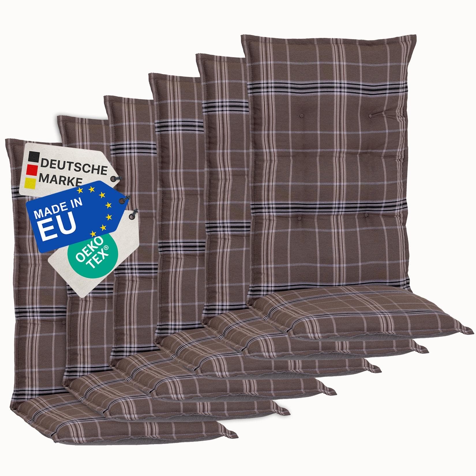 NYVI Gartenstuhl-Auflage Barcelona Hochlehnerauflage 6er Set Karo Braun