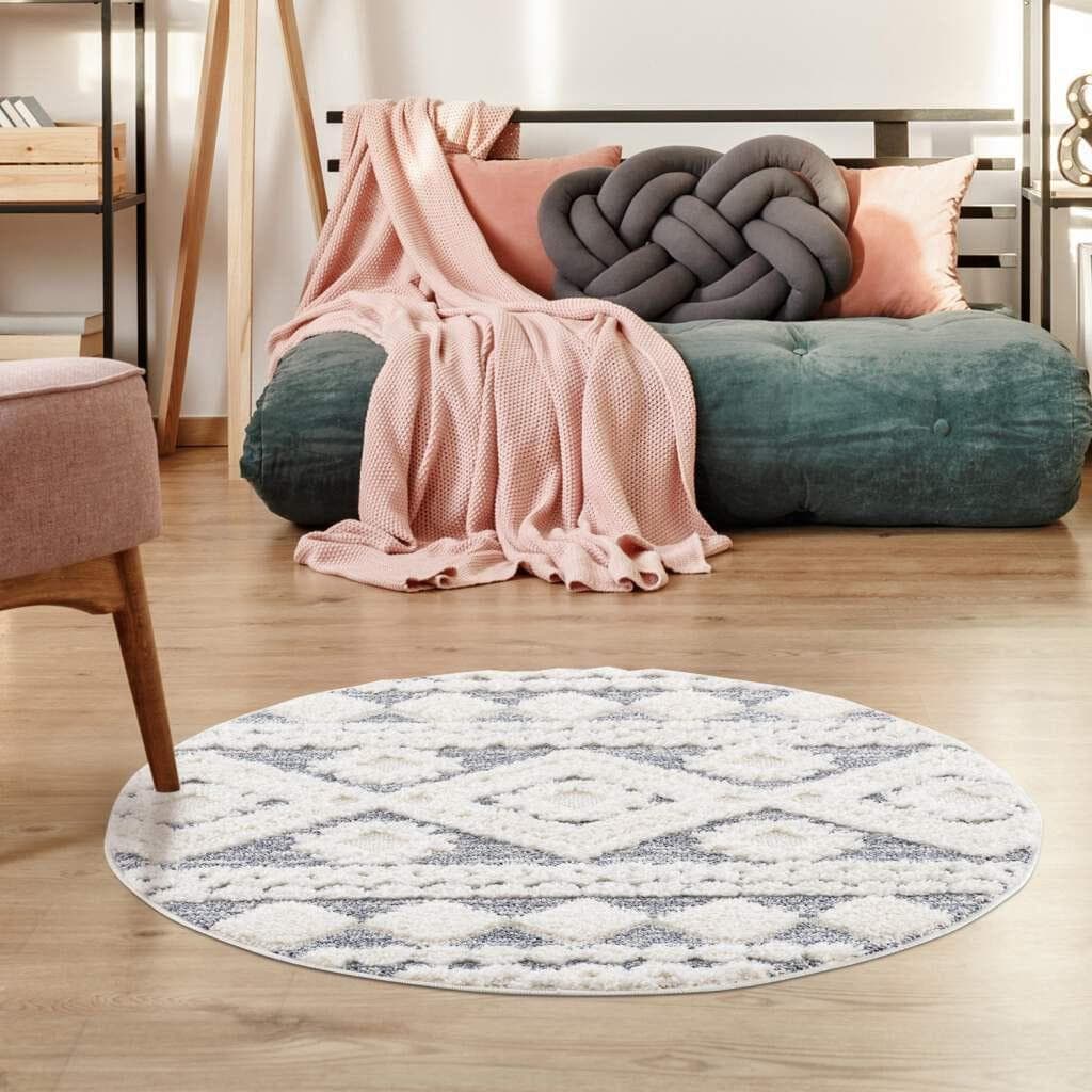CARPET CITY Hochflor-Teppich Focus 3005 Grau Rund Boho
