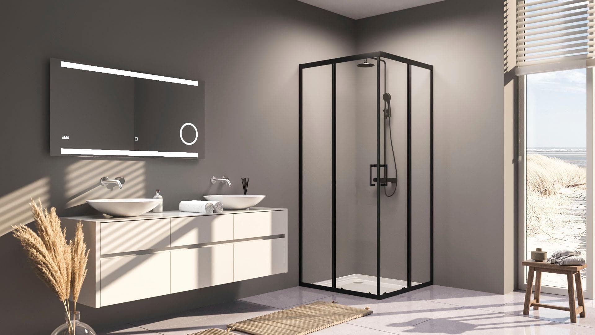 Eckdusche MARWELL Schwarz Schiebetür 90x200x90 cm