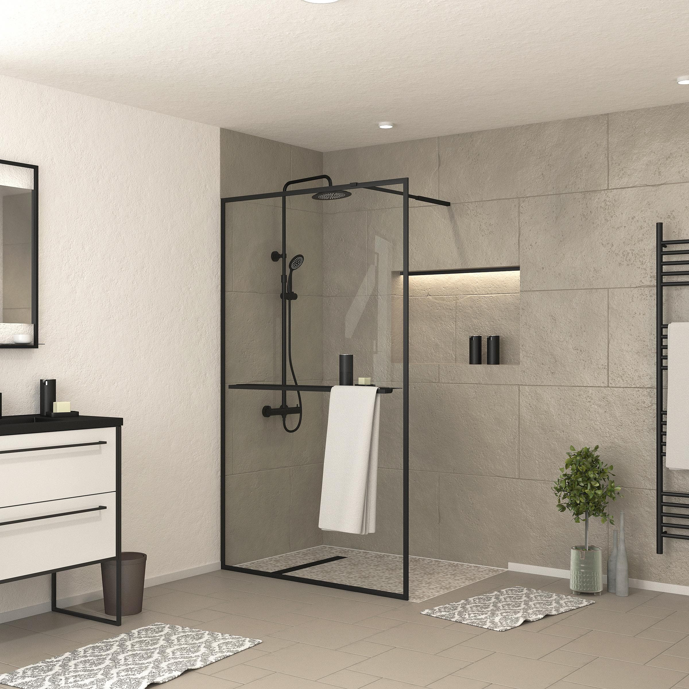 MARWELL Walk-in-Dusche Black Frame Shelf Schwarz mit Ablage