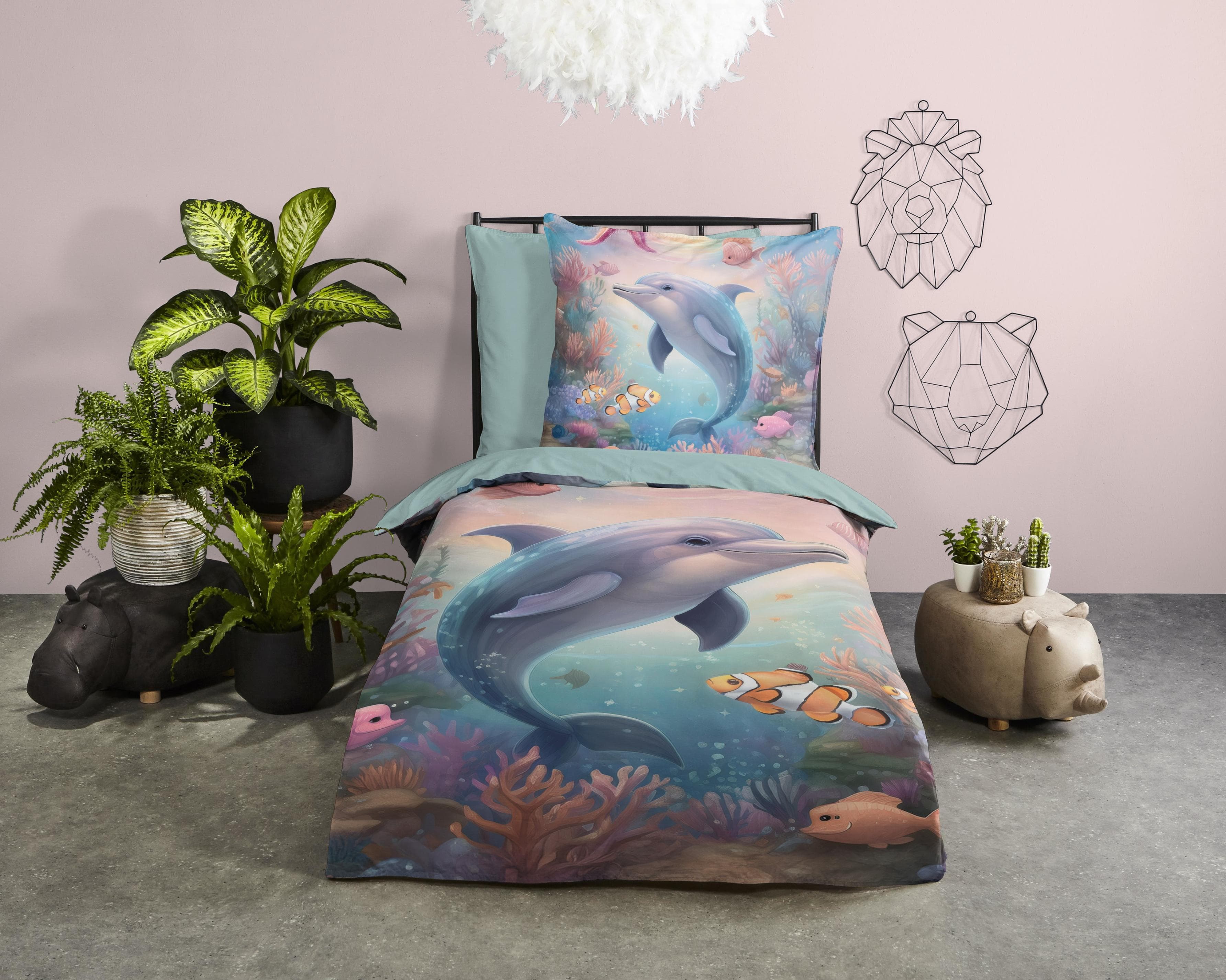 Good Morning Kinderbettwäsche Baya 2 teilig Baumwolle Delfin Blau
