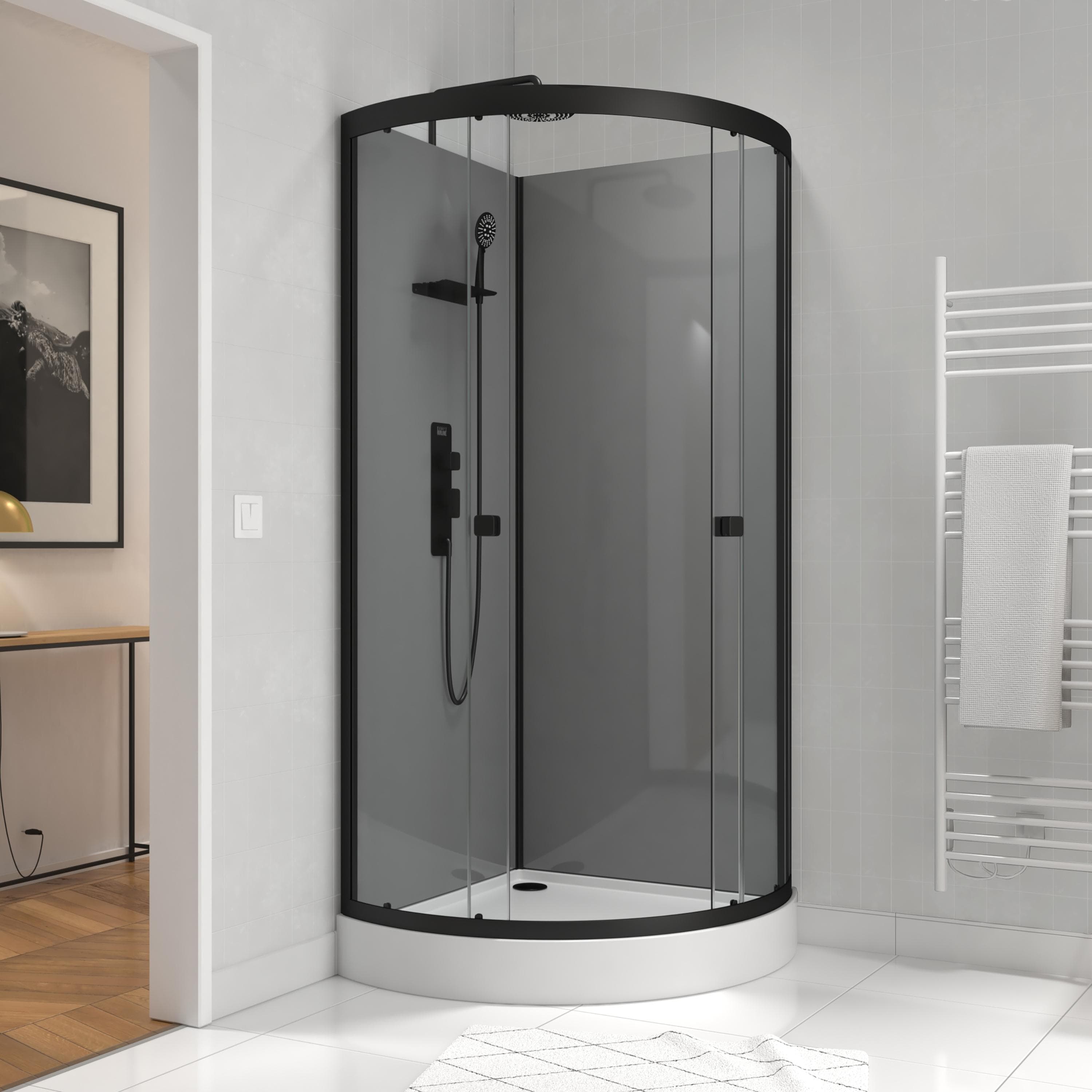 Komplettdusche MARWELL Grey Style Round schwarz 90x215x90cm