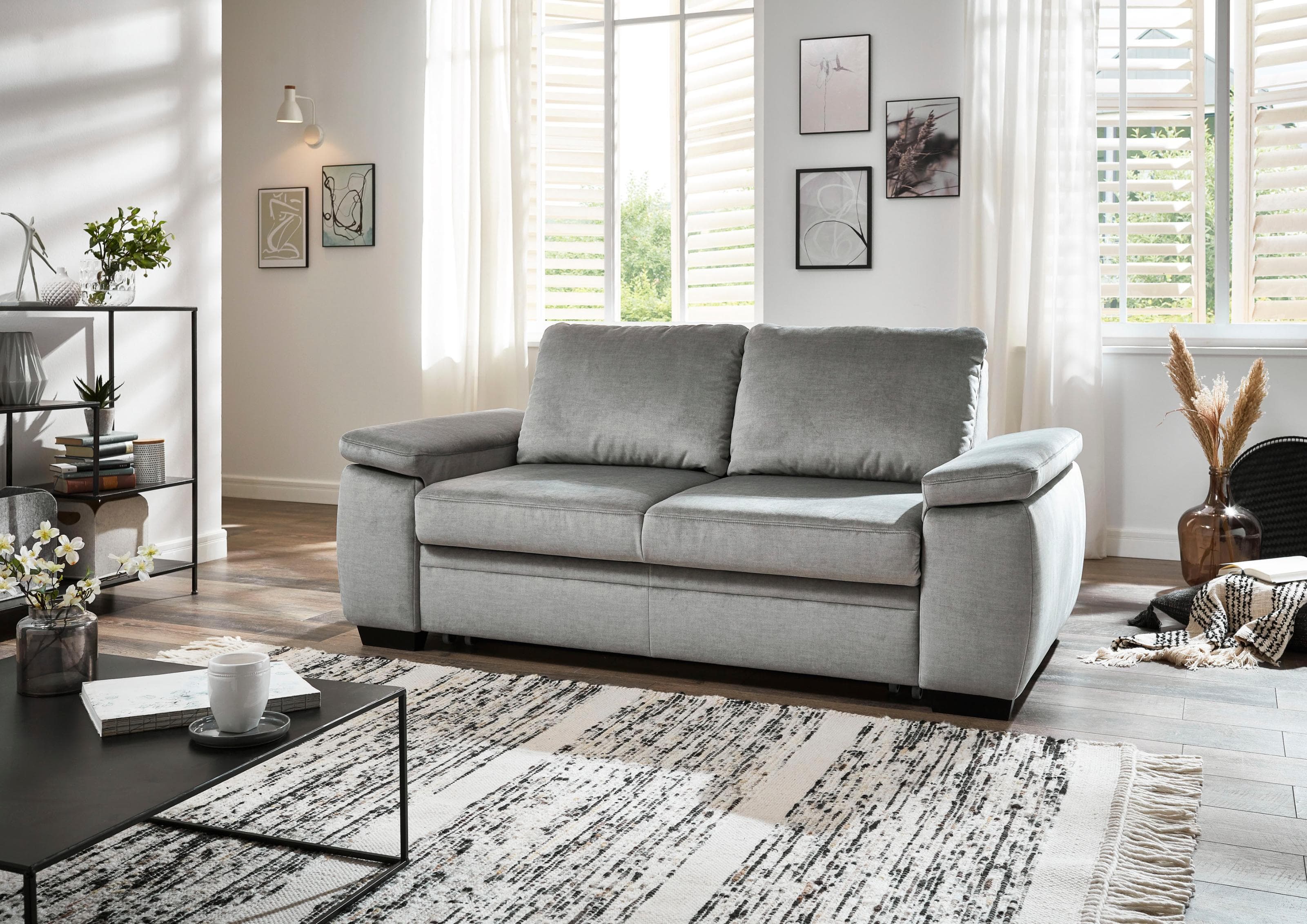 Schlafsofa DIE PLANBAR Grau Samtoptik mit Schlaffunktion
