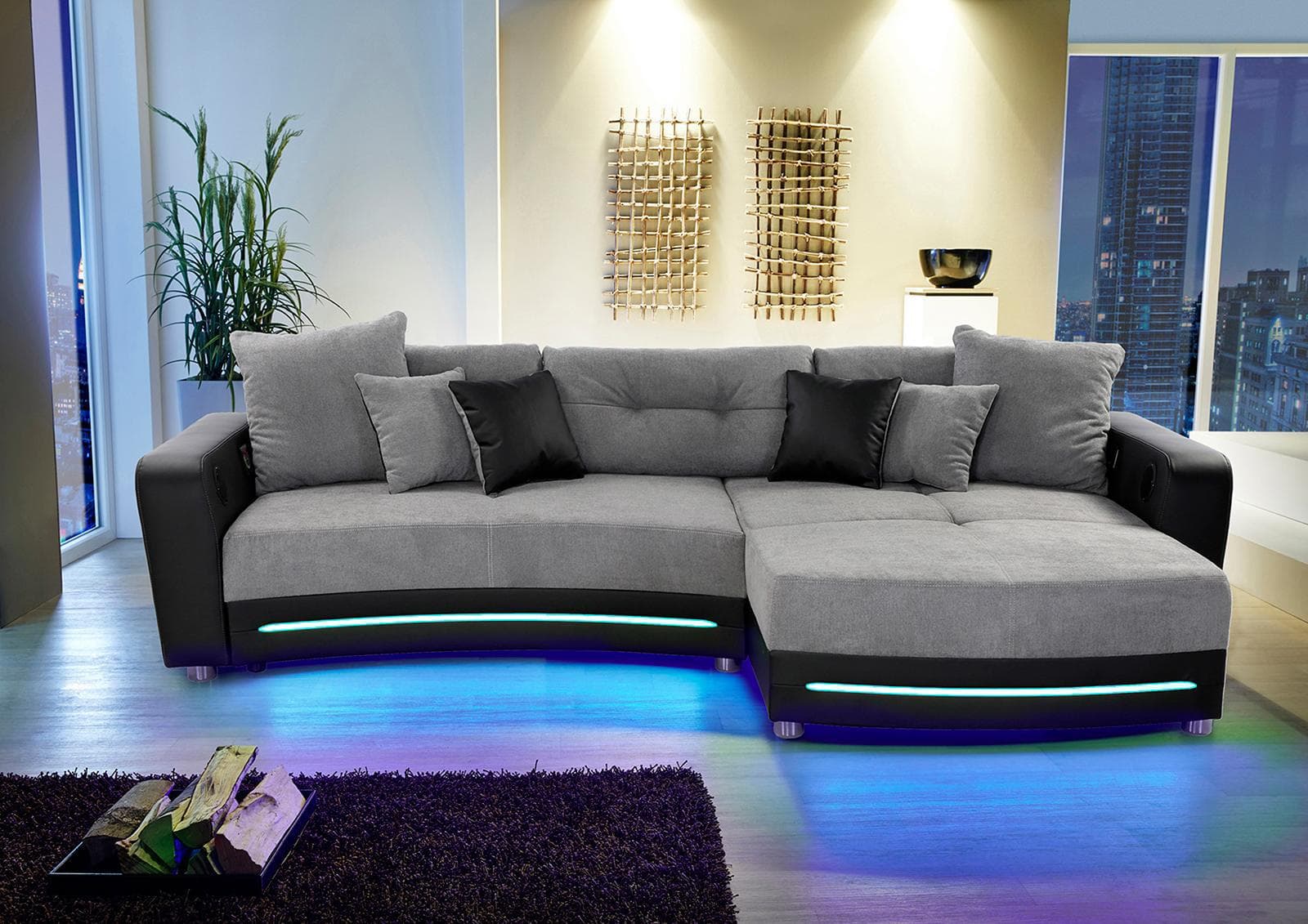 Ecksofa L-Form mit RGB-LED und Soundsystem Schwarz/Grau