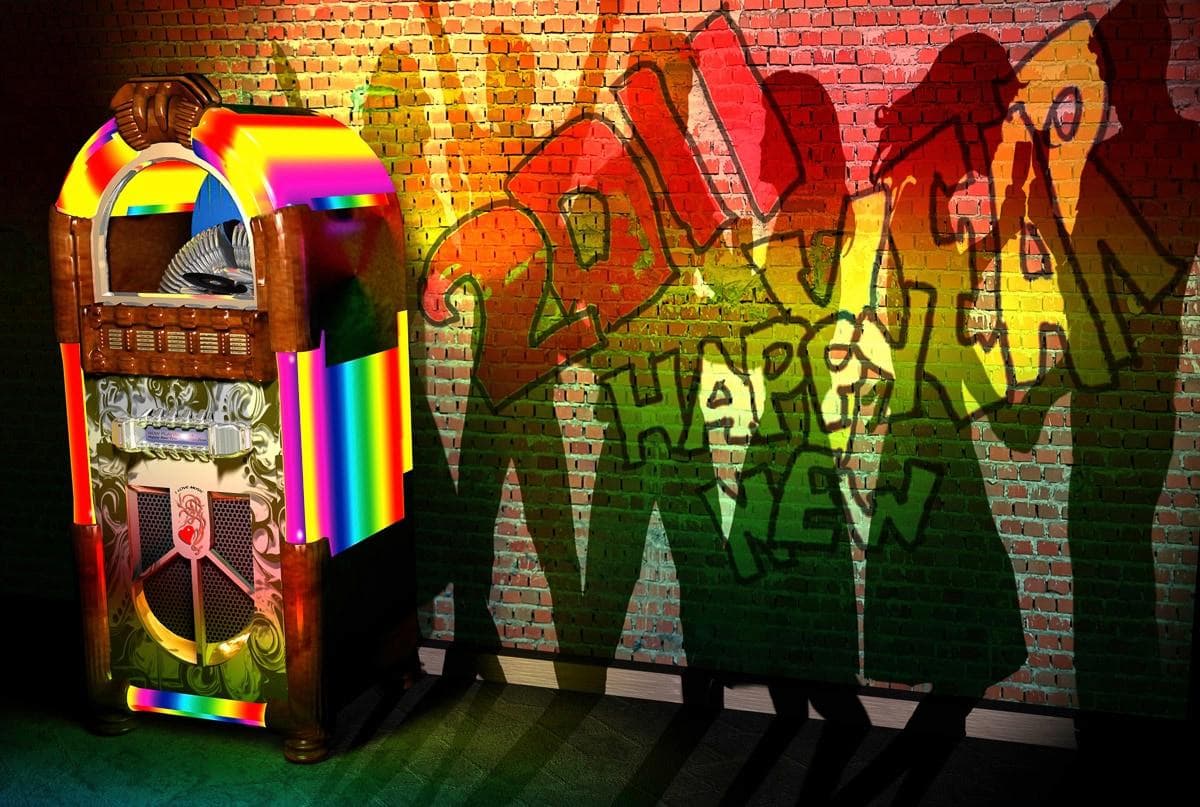 PAPERMOON Fototapete Jukebox mit Graffiti Vlies Bunt