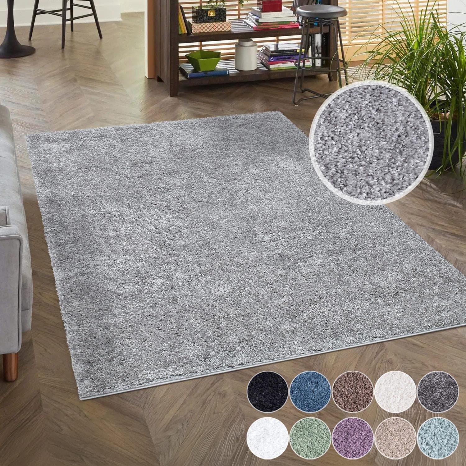 CARPET CITY Shaggy Teppich Grau 200x200 cm Hochflor Uni