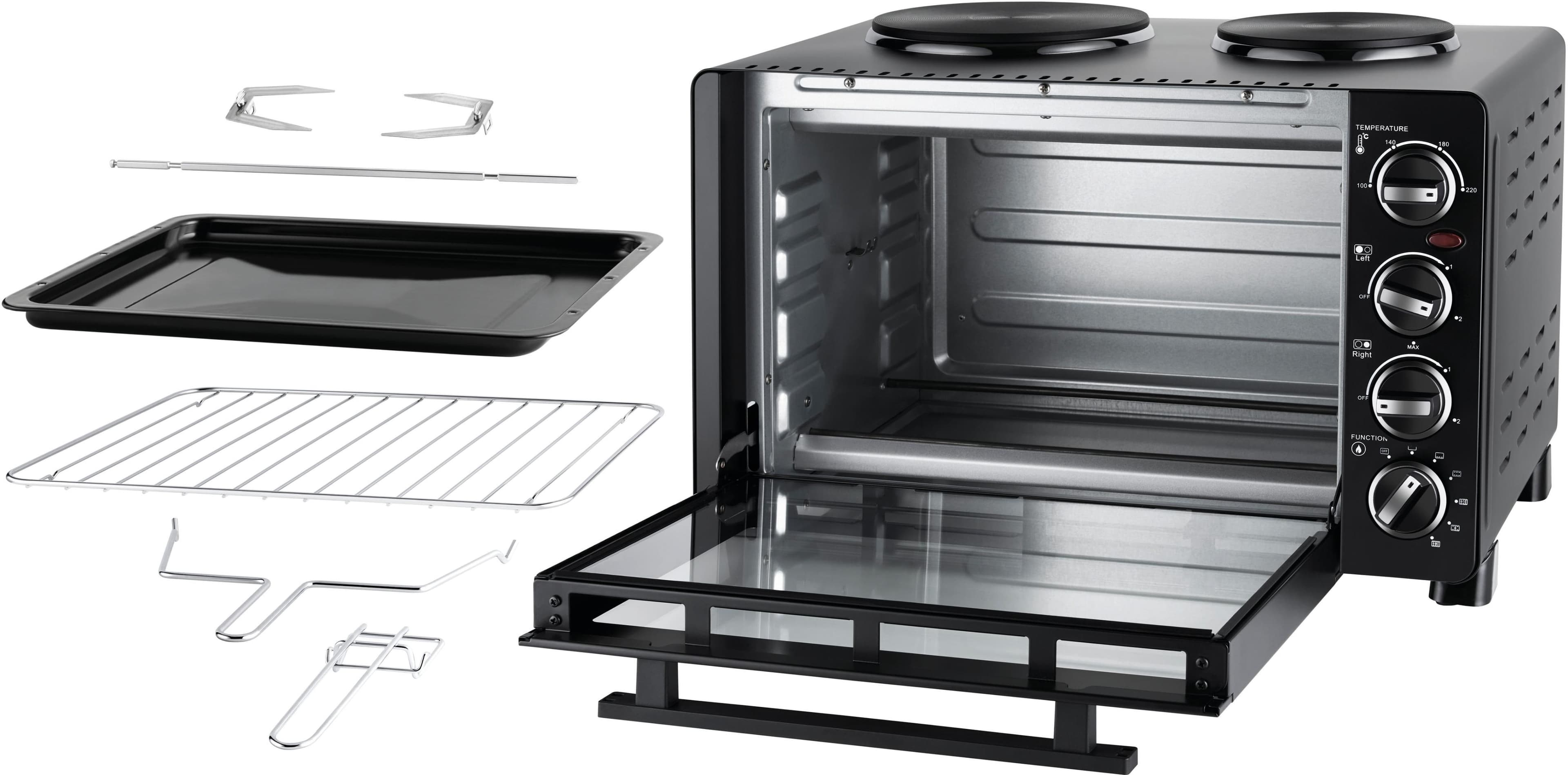 Unold Minibackofen Schwarz mit Kochplatten und Drehspieß