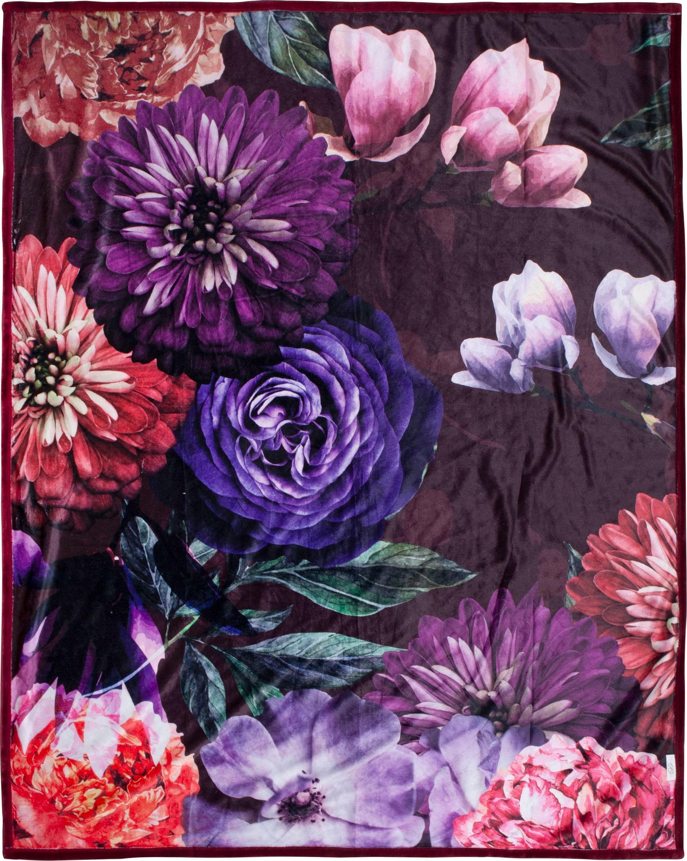 Descanso Bloomie Plaid Bordeaux Blumen Softvelour Wohndecke